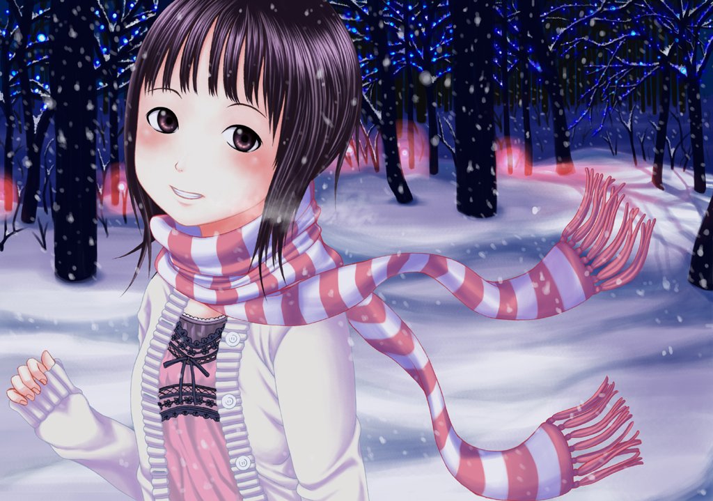 neuron (exceed), bad id, bad pixiv id, 1girl, black eyes, black hair, female focus, scarf, snow, solo, striped clothes, striped scarf, tree