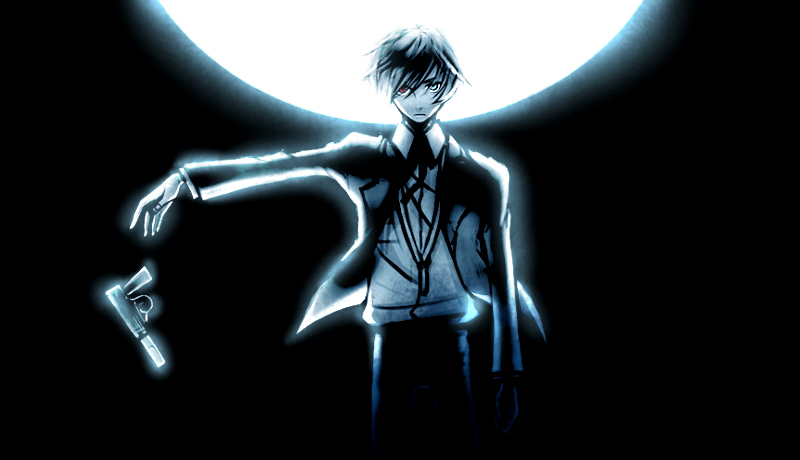 yoshida sei, yuuki makoto (persona 3), atlus, persona, persona 3, 1boy, blue theme, digital media player, digital walkman, evoker, gun, heterochromia, male focus, monochrome, school uniform, short hair, solo, walkman nw-s203f, weapon