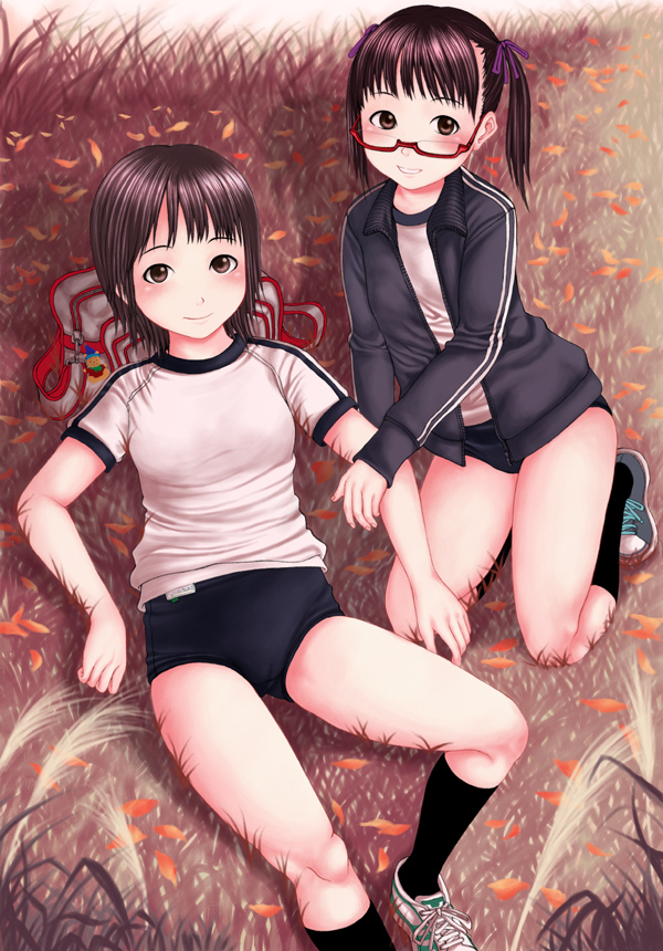neuron (exceed), original, bad id, bad pixiv id, 2girls, bag, brown eyes, brown hair, buruma, glasses, grass, gym uniform, jacket, multiple girls, raglan sleeves, short hair, twintails