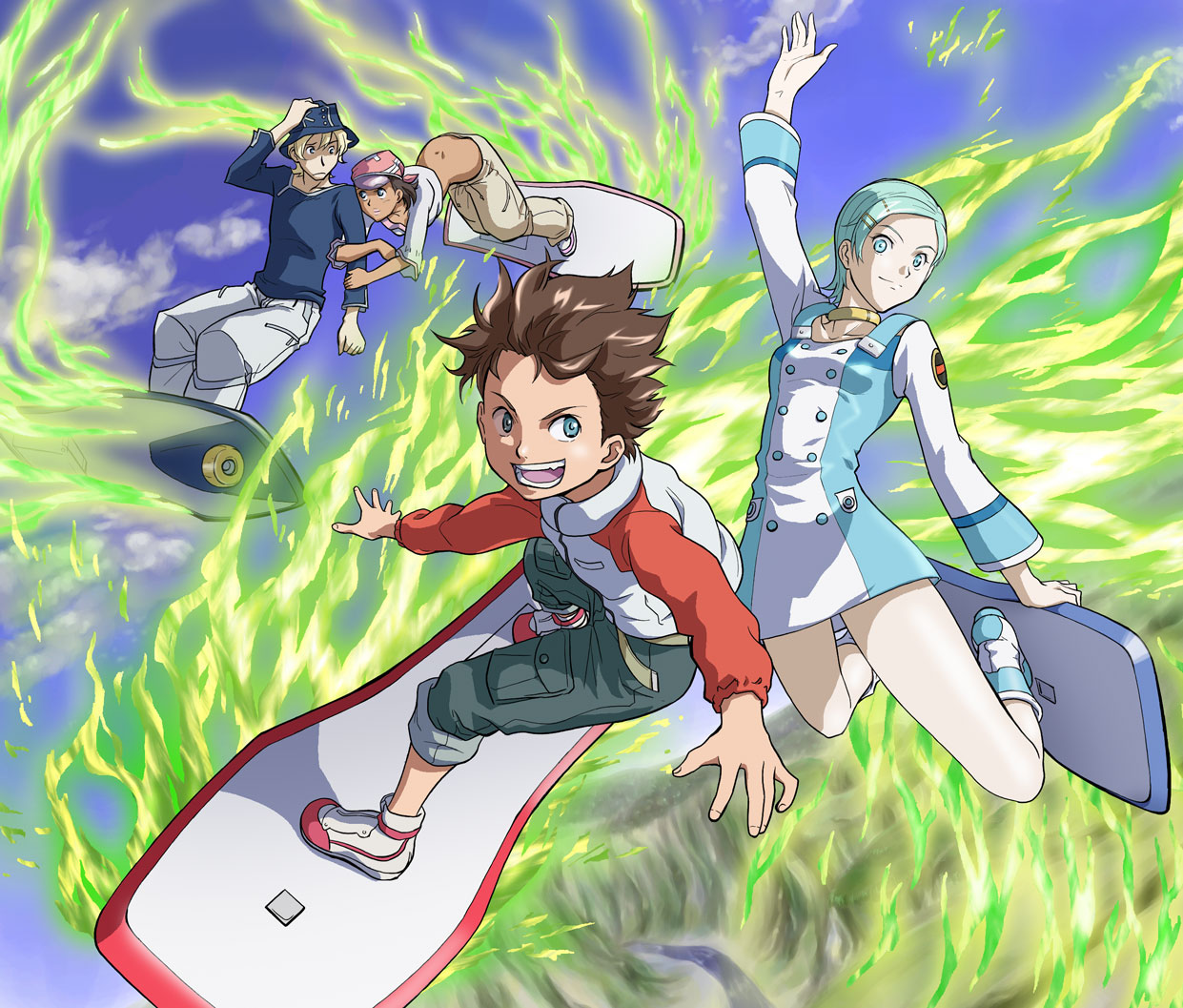morisu, eureka (eureka seven), gidget, moondoggie, renton thurston, eureka seven, eureka seven (series), 00s, 2boys, 2girls, aqua eyes, aqua hair, blue eyes, brown hair, hat, multiple boys, multiple girls, raglan sleeves, short hair