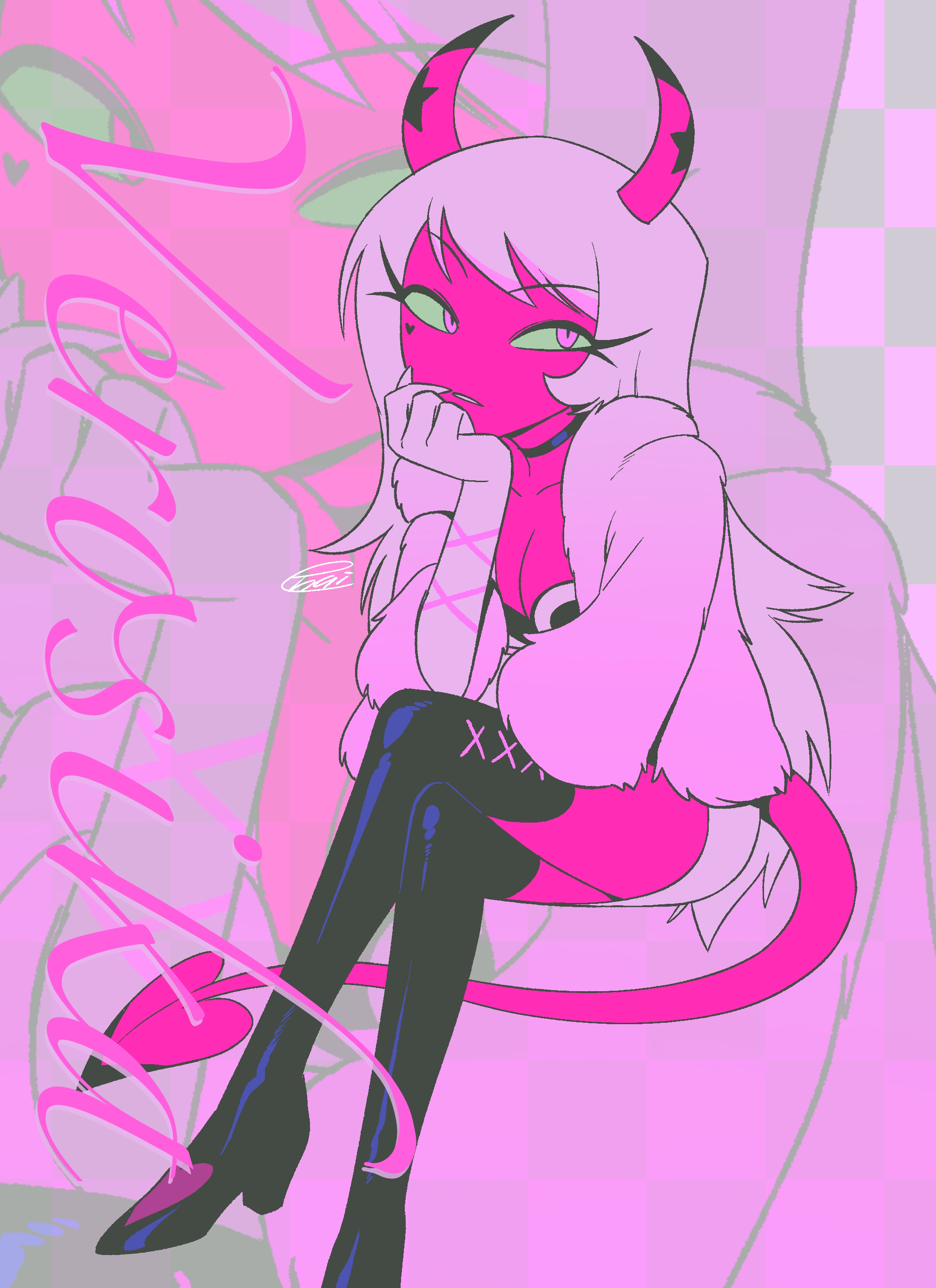 menma (enaic31), verosika mayday, hellaverse, helluva boss, absurdres, commentary request, highres, 1girl, black boots, black choker, boots, breasts, character name, checkered background, choker, cleavage, collarbone, colored sclera, colored skin, cross-laced clothes, cross-laced gloves, crossed legs, demon girl, demon horns, demon tail, dress, elbow gloves, facial mark, foot out of frame, fur jacket, gloves, grey background, hand on own cheek, hand on own face, heart, heart facial mark, horns, invisible chair, jacket, long hair, medium breasts, no nose, open clothes, open jacket, parted lips, pink background, pink eyes, pink horns, pink jacket, pink skin, pink tail, short dress, simple background, sitting, solo, star (symbol), swept bangs, tail, thigh boots, thighhighs, three-quarter sleeves, two-tone background, very long hair, white gloves, white hair, yellow sclera, zettai ryouiki, zoom layer