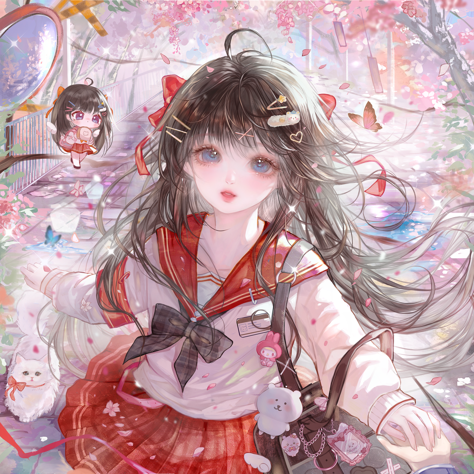 qingluanluan, original, highres, 1girl, ahoge, bag, black hair, blue eyes, bow, bug, butterfly, cherry blossoms, chibi, hair bow, hair ornament, hairclip, insect, long hair, long sleeves, looking at viewer, red skirt, sailor collar, school uniform, serafuku, skirt
