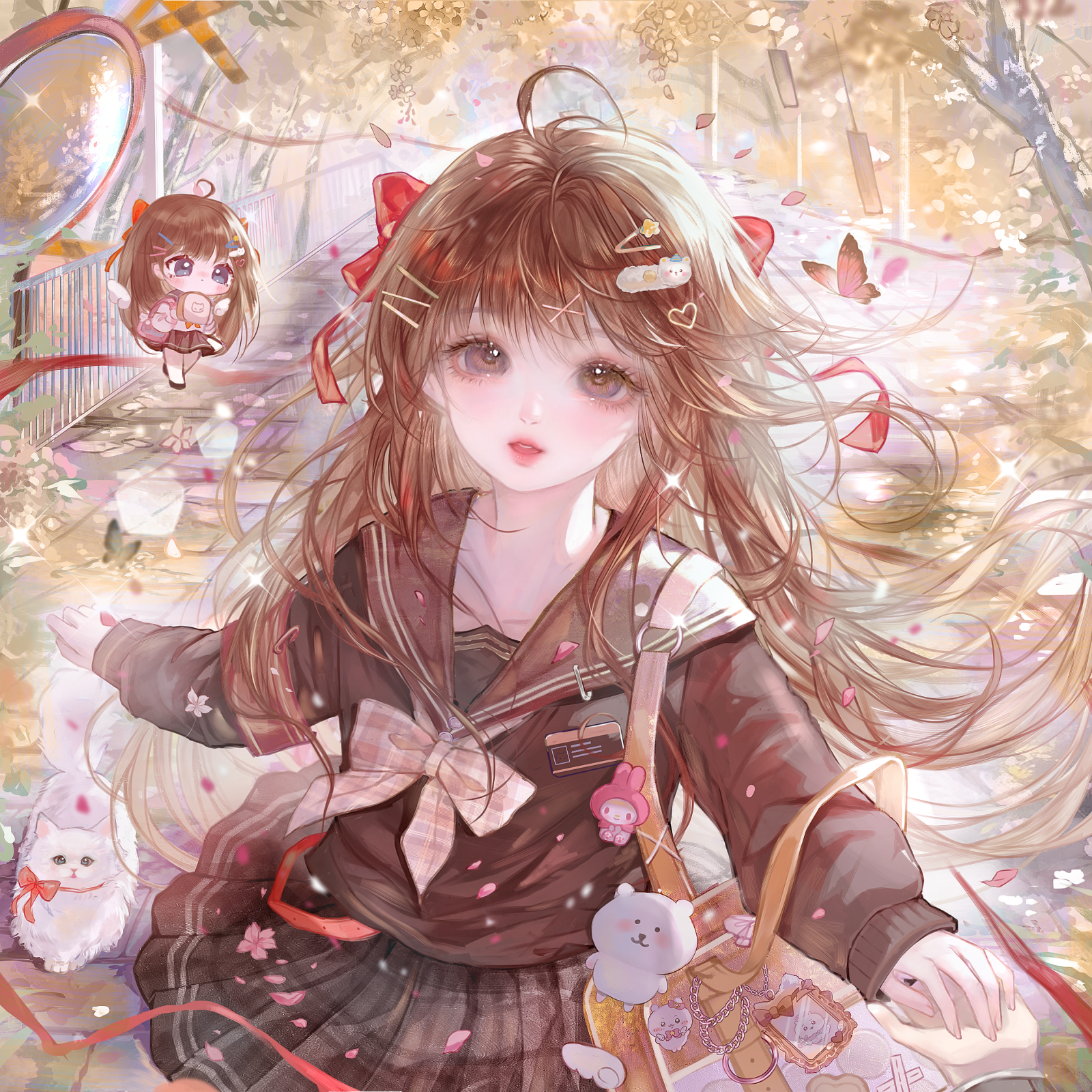 qingluanluan, original, highres, 1girl, ahoge, bag, bow, brown eyes, brown hair, bug, butterfly, cat, chibi, hair bow, hair ornament, insect, long hair, looking at viewer, ribbon, school uniform, serafuku, skirt