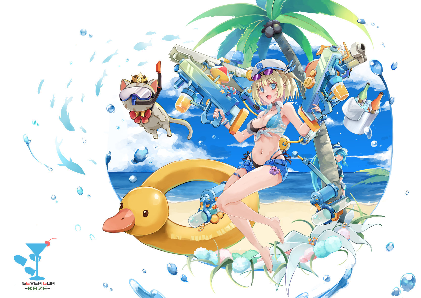 ranmuraudon, hikari (starward), kaze (starward), starward, highres, beach, bikini, blonde hair, blue eyes, blue hair, breasts, cat, coconut tree, hat, looking at viewer, medium breasts, ocean, official alternate costume, open mouth, palm tree, sailor hat, short hair, short shorts, shorts, smile, snorkel, sunglasses, swimsuit, tree, water gun