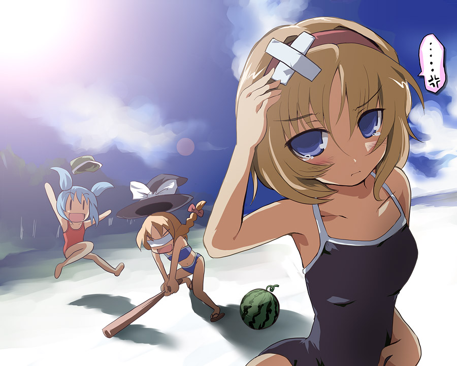 morogami ryou, alice margatroid, kawashiro nitori, kirisame marisa, touhou, 3girls, o/, arms up, bandages, bandaid, baseball bat, beach, bikini, blindfold, blonde hair, blue hair, braid, day, female focus, food, fruit, hairband, hat, multiple girls, nature, one-piece swimsuit, outdoors, outstretched arms, plant, short hair, sky, suikawari, sunlight, swimsuit, tears, twintails, watermelon, witch, witch hat, | |