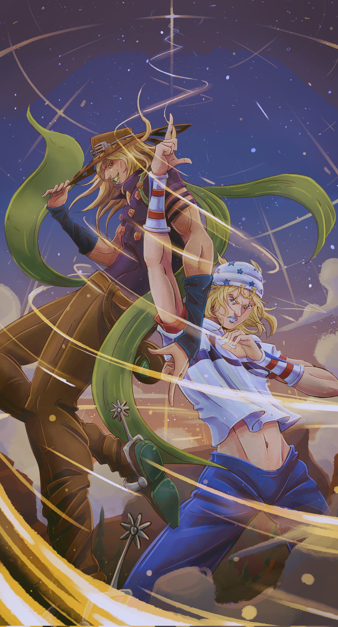 ajxtweety, gyro zeppeli, johnny joestar, jojo no kimyou na bouken, steel ball run, commentary, english commentary, highres, second-party source, 2boys, adjusting clothes, adjusting headwear, american flag, american flag print, arm warmers, beanie, belt, blonde hair, blue bridal gauntlets, blue eyes, blue lips, blue pants, bridal gauntlets, brown belt, brown hat, brown pants, cape, cowboy hat, flag print, goggles, goggles on headwear, gold teeth, green cape, green lips, hat, high collar, holster, hood, hoodie, horseshoe hat ornament, horseshoe ornament, kneeling, long hair, looking at viewer, medium hair, midriff, multiple boys, navel, night, night sky, pants, pointing, pointing down, pointing up, purple shirt, red sleeves, sand, serious, shirt, shoe soles, short sleeves, sky, smile, spurs, standing, star (sky), star (symbol), star print, starry sky, steel ball (jojo), two-tone sleeves, white hat, white hoodie, white sleeves