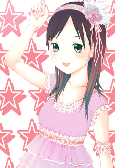 neuron (exceed), kojima haruna, akb48, bad id, bad pixiv id, 1girl, arm up, armband, black hair, blush, dress, female focus, flower, hairband, purple eyes, solo, star (symbol)