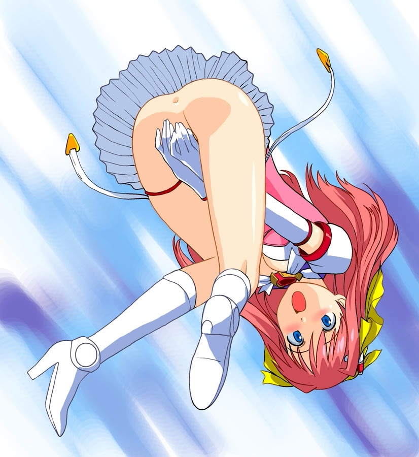 escalayer, kouenji sayuka, choukou (alicesoft), choukou tenshi escalayer, 00s, 1girl, anus, ass, bent over, blue eyes, boots, bottomless, covering crotch, covering privates, falling, female focus, high heel boots, high heels, knee boots, long hair, looking at viewer, looking back, magical girl, no panties, open mouth, pink hair, solo