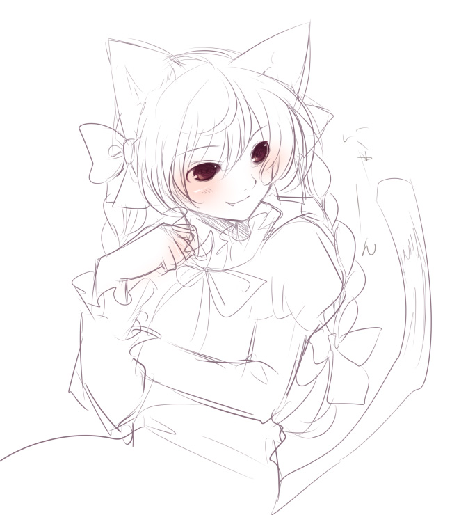 haneko, kaenbyou rin, touhou, 1girl, animal ears, blush, braid, cat ears, cat girl, fang, female focus, monochrome, red eyes, sketch, solo, spot color, twin braids