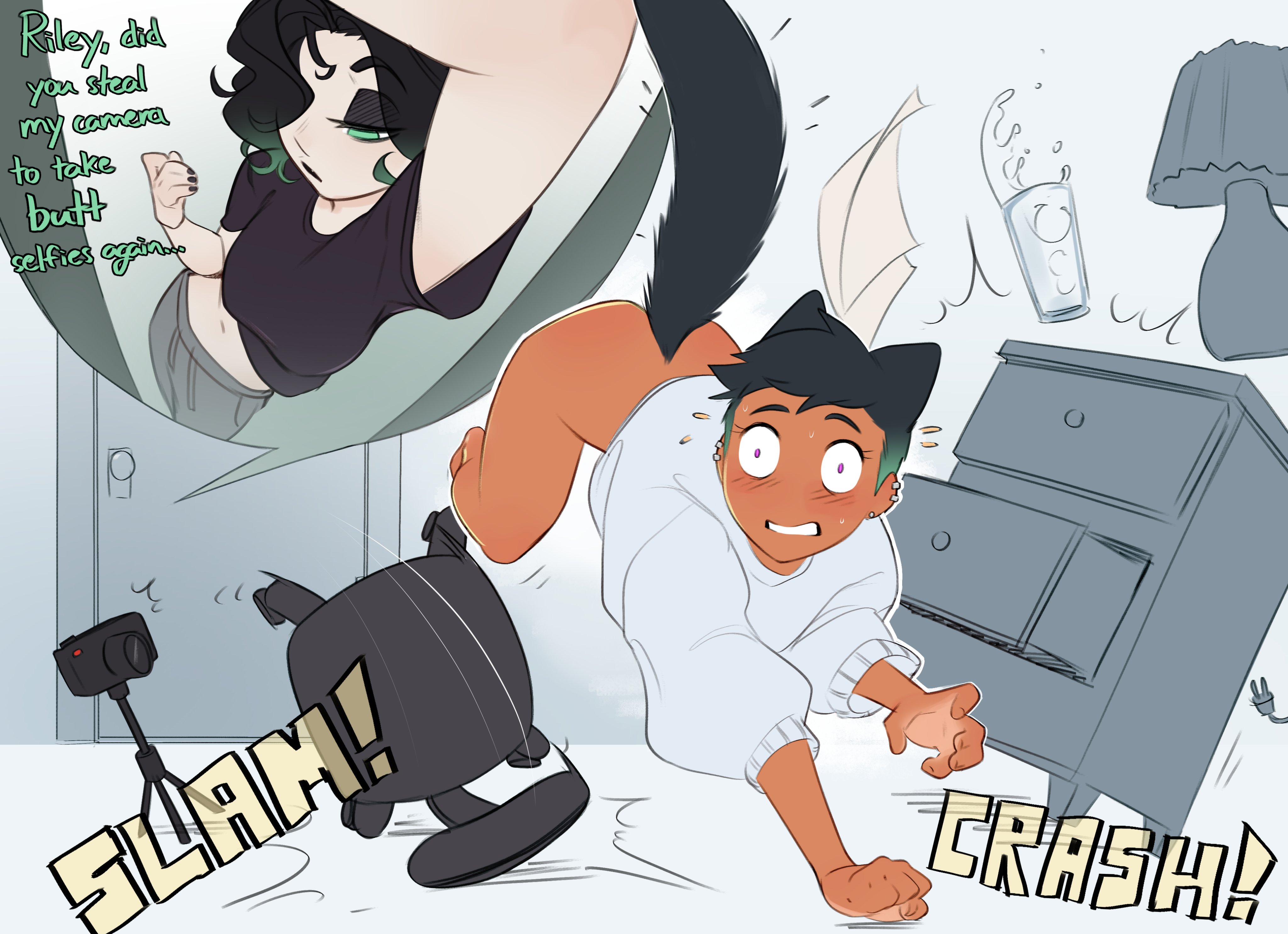 pudgeruffian, riley fairfeather, original, absurdres, commentary, english commentary, highres, 2girls, animal ears, ass, black hair, black shirt, breasts, cat ears, cat girl, cat tail, dark-skinned female, dark skin, ear piercing, english text, face piercing, green hair, multicolored hair, multiple girls, nose piercing, piercing, shirt, short hair, tail, two-tone hair