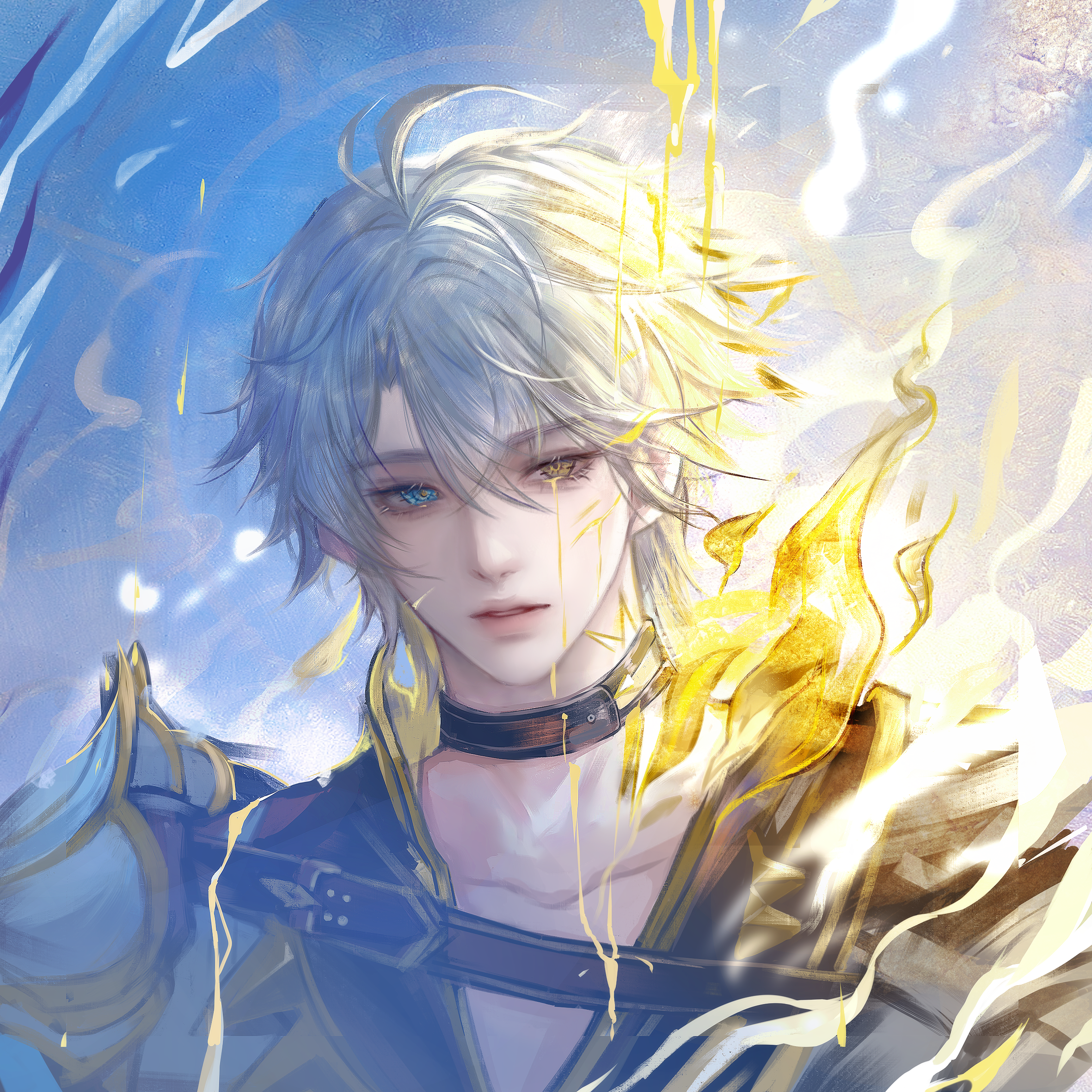qingluanluan, phainon (honkai: star rail), honkai: star rail, honkai (series), highres, 1boy, blue eyes, choker, heterochromia, looking at viewer, male focus, short hair, solo, white hair, yellow eyes