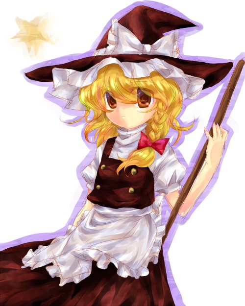 sakurano, kirisame marisa, touhou, eyebrows, 1girl, apron, arm at side, black hat, black skirt, black vest, blonde hair, bow, braid, broom, brown eyes, closed mouth, female focus, frilled apron, frills, hair between eyes, hair bow, hat, hat bow, hat ribbon, holding, holding broom, long hair, looking at viewer, red eyes, ribbon, shirt, skirt, solo, star (symbol), vest, waist apron, white apron, white background, white bow, white ribbon, white shirt, witch hat