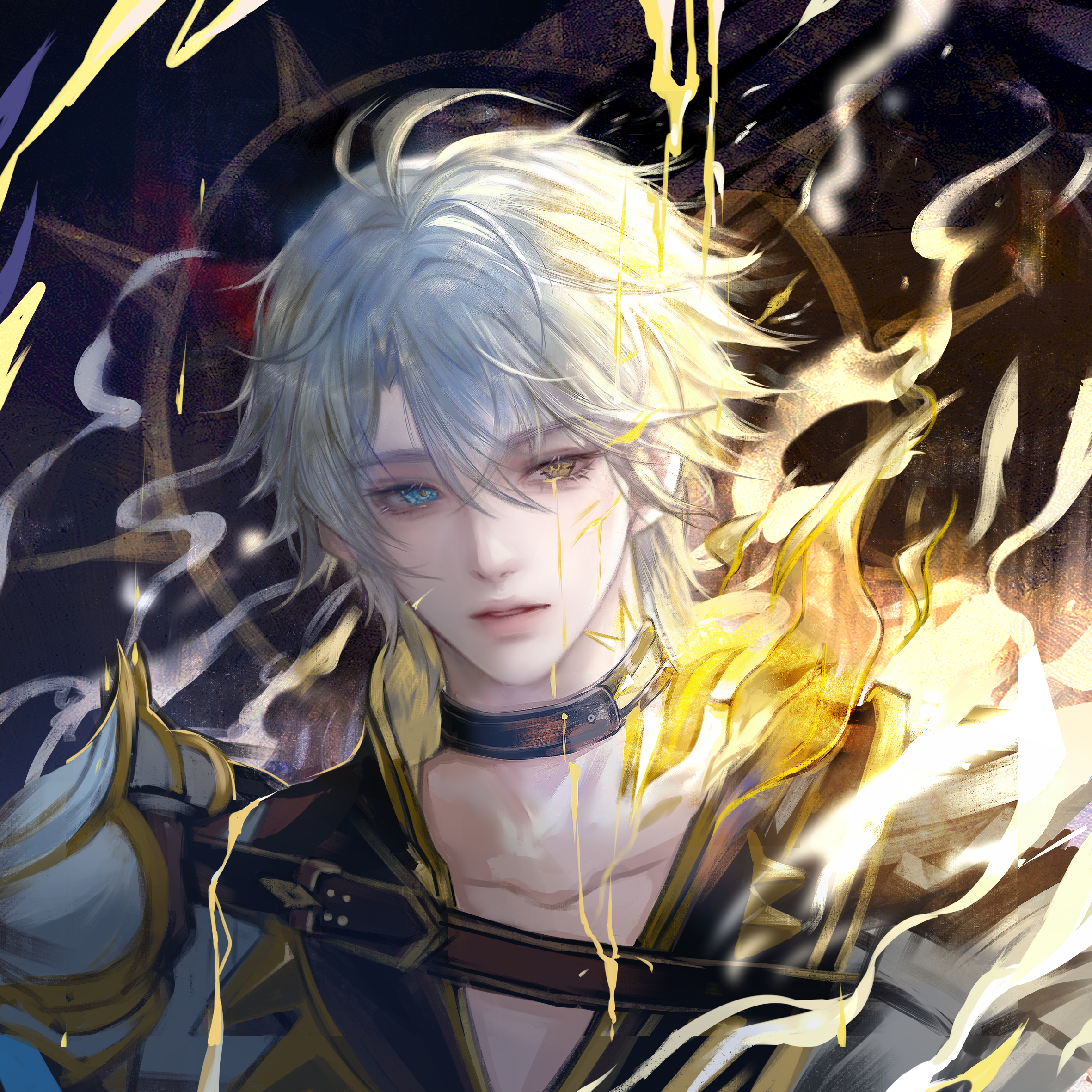 qingluanluan, phainon (honkai: star rail), honkai: star rail, honkai (series), highres, 1boy, blue eyes, choker, heterochromia, looking at viewer, male focus, short hair, solo, white hair, yellow eyes