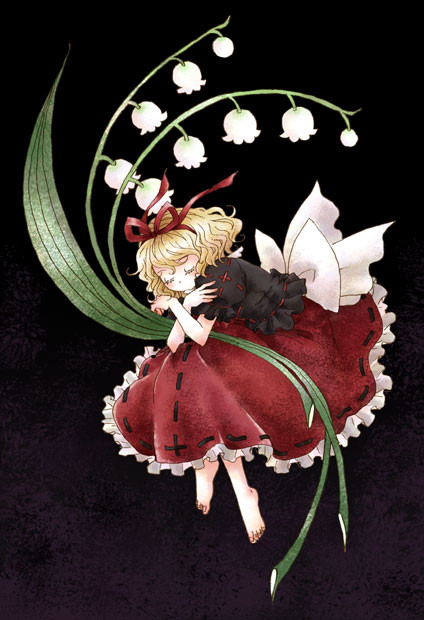 nikoro, medicine melancholy, touhou, eyebrows, 1girl, barefoot, black background, black ribbon, black shirt, blonde hair, bow, closed eyes, eyelashes, female focus, fingernails, flower, frilled skirt, frills, full body, hair ribbon, hug, lily of the valley, oversized object, puffy short sleeves, puffy sleeves, red ribbon, red skirt, ribbon, ribbon-trimmed clothes, ribbon-trimmed shirt, ribbon-trimmed skirt, ribbon trim, sash, shirt, short hair, short sleeves, skirt, solo, white bow