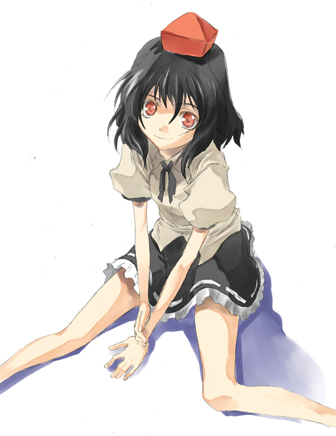 yohane, shameimaru aya, touhou, 1girl, black hair, female focus, hat, red eyes, sitting, solo, tokin hat, white background