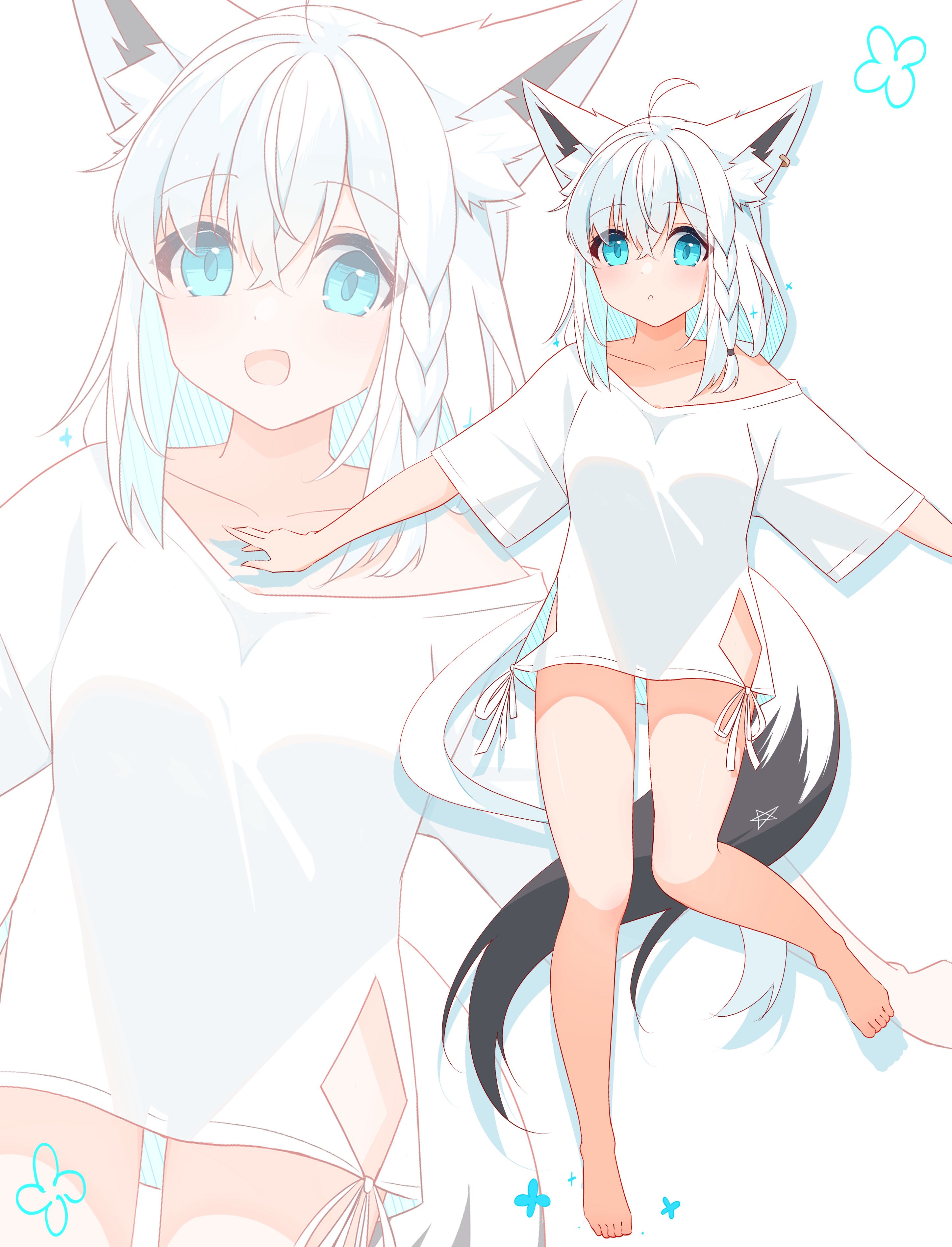 kasawara, shirakami fubuki, hololive, absurdres, commentary request, highres, 1girl, :d, ahoge, animal ear fluff, animal ears, blue eyes, crossed bangs, fox ears, fox girl, fox tail, full body, hair between eyes, long hair, looking at viewer, naked shirt, open mouth, parted lips, shirt, smile, solo, standing, standing on one leg, tail, virtual youtuber, white background, white hair, white shirt, zoom layer