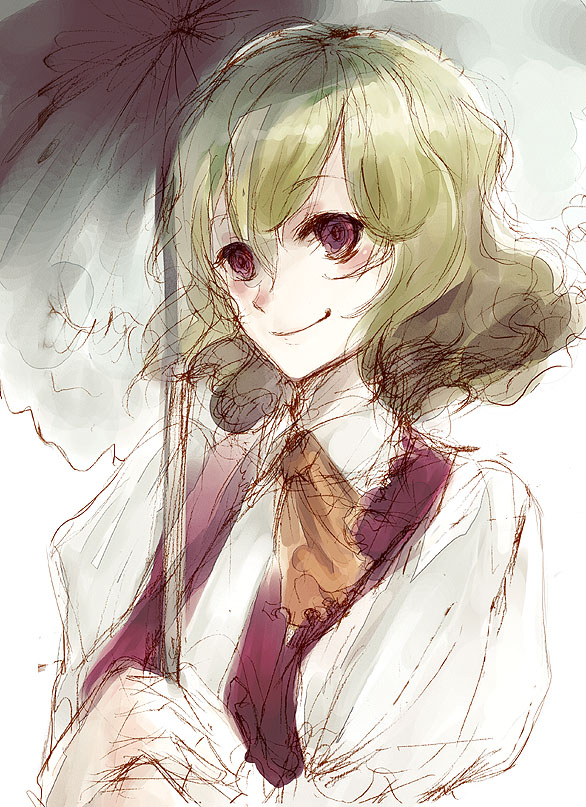 nokishita, kazami yuuka, touhou, 1girl, ascot, female focus, green hair, puffy sleeves, red eyes, short hair, sketch, smile, solo, vest