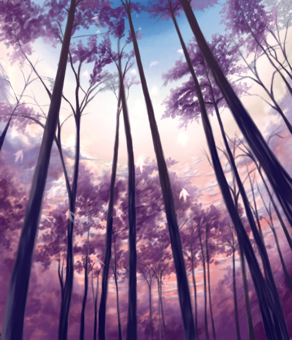 neuron (exceed), bad id, bad pixiv id, bird, cloud, dusk, forest, nature, scenery, sky, tree