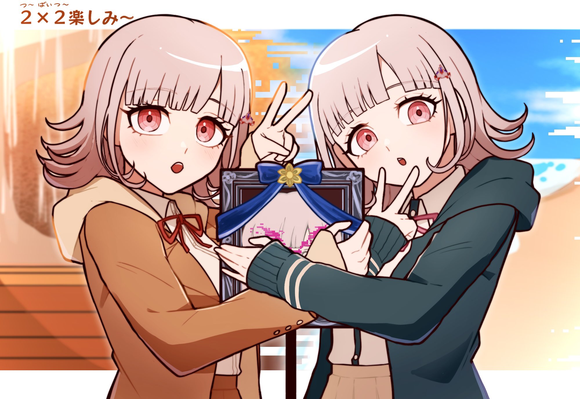 kirin (suzoke 1), nanami chiaki, danganronpa (series), danganronpa 2: goodbye despair, danganronpa 3 (anime), highres, 2girls, breasts, brown hair, brown jacket, collared shirt, dual persona, flipped hair, hair ornament, hood, hope's peak academy school uniform, iei, jacket, long sleeves, looking at viewer, medium hair, multiple girls, neck ribbon, open clothes, open jacket, pink eyes, pink ribbon, red ribbon, ribbon, school uniform, shirt, smile, two-tone shirt, white shirt