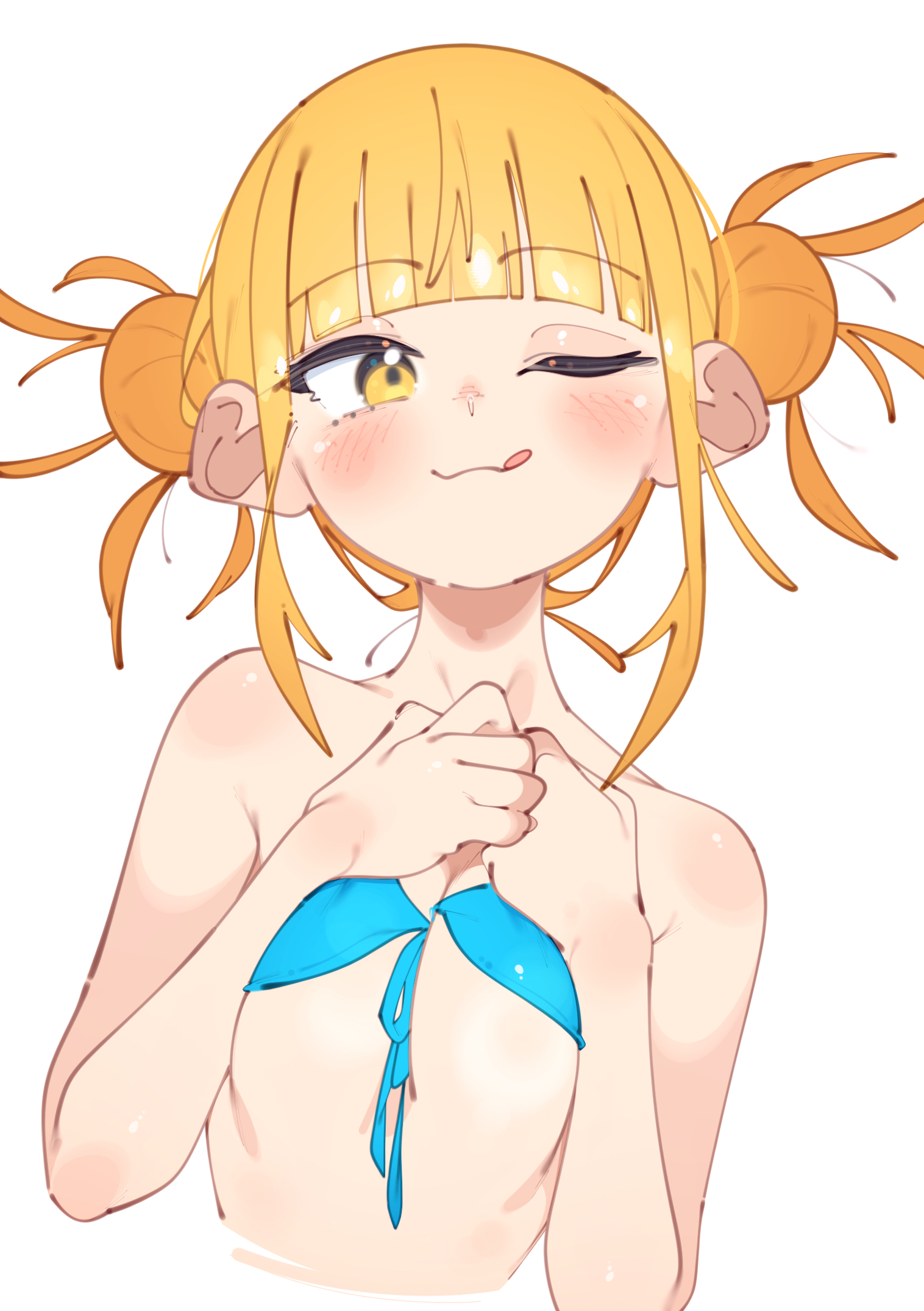 rasusurasu, toga himiko, boku no hero academia, highres, 1girl, ;q, bikini, blonde hair, blue bikini, breasts, double bun, hair bun, looking at viewer, medium breasts, one eye closed, simple background, solo, swimsuit, tongue, tongue out, upper body, white background, yellow eyes
