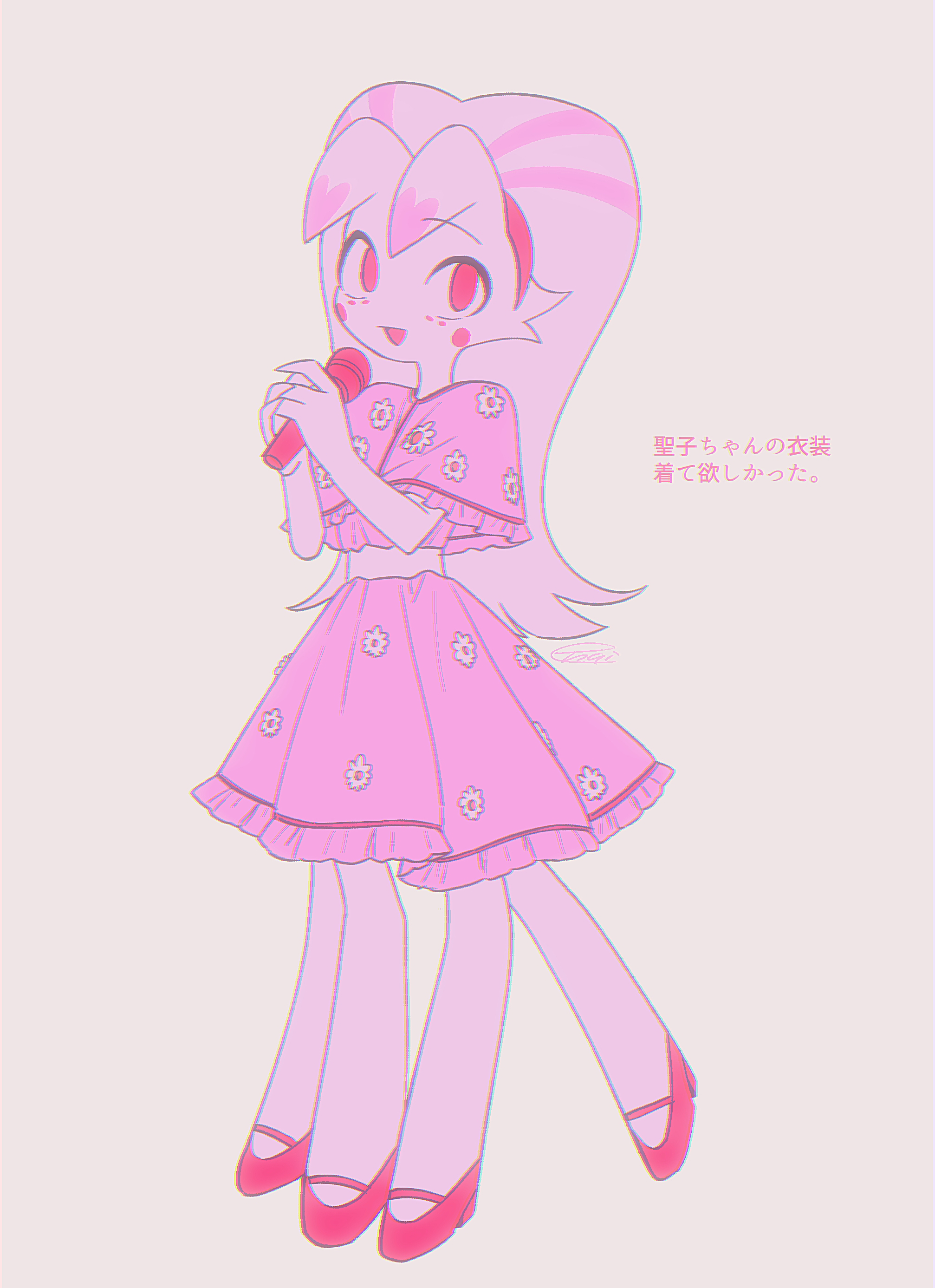 menma (enaic31), molly (hazbin hotel), hazbin hotel, hellaverse, absurdres, commentary request, highres, translation request, 1girl, :d, chromatic aberration, circle facial mark, dress, extra legs, facial mark, fewer digits, floral print, floral print dress, frilled dress, frills, grey background, hairband, hands up, high heels, holding, holding microphone, horns, long hair, looking at viewer, mary janes, medium dress, microphone, no pupils, open mouth, pink dress, pink eyes, pink hairband, pink shoes, print dress, shoes, short sleeves, simple background, smile, solo, very long hair, white fur