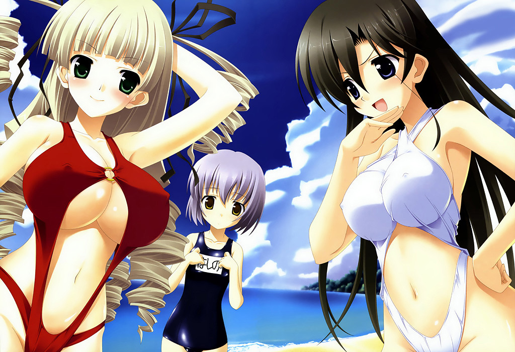 menkuria, nekokan, nekokan (cat's cradle), hashino sumi, mardeline von ryukshire, shihou kaori, aa! ojou-sama!, aa ojousama, sumikko soft, silver hair, game cg, 3girls, arm up, armpits, beach, black hair, black one-piece swimsuit, blonde hair, blue eyes, blue hair, blunt bangs, blush, bob cut, breast envy, breasts, casual one-piece swimsuit, cleavage, cloud, covered erect nipples, day, drill hair, flat chest, green eyes, hair ribbon, hand on own hip, huge breasts, large breasts, laughing, long hair, multiple girls, name tag, navel, ojou-sama pose, one-piece swimsuit, outdoors, ribbon, school swimsuit, shiny clothes, short hair, sky, slingshot swimsuit, smile, standing, swimsuit, twin drills, twintails, underboob, very long hair, water, yellow eyes