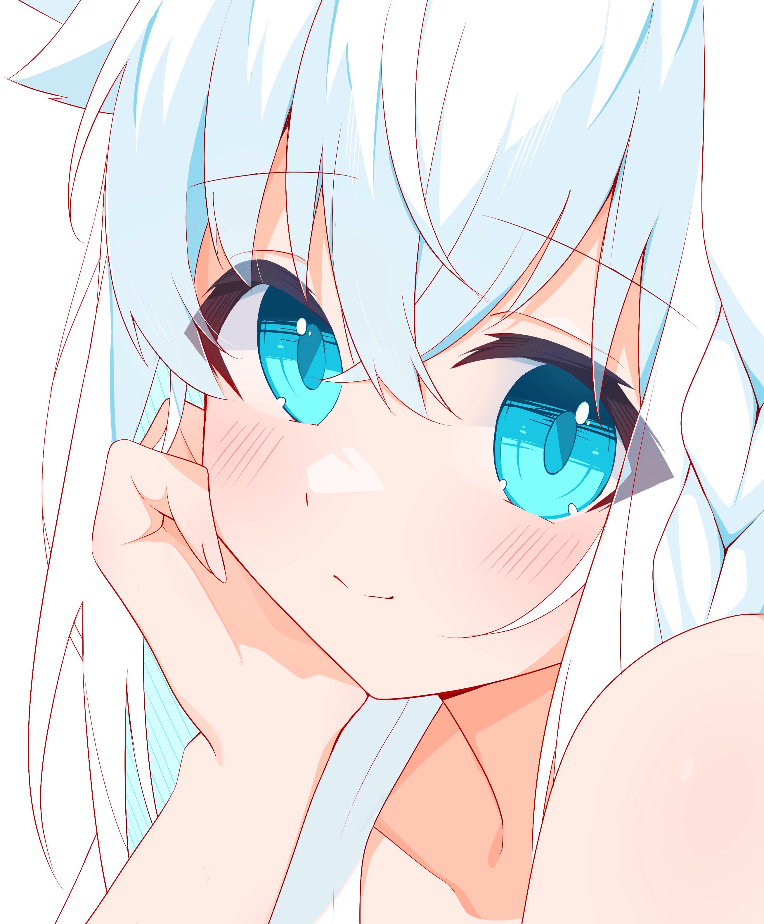 kasawara, shirakami fubuki, hololive, absurdres, commentary request, highres, 1girl, blue eyes, blush, close-up, crossed bangs, hair between eyes, head rest, looking at viewer, simple background, solo, virtual youtuber, white background, white hair