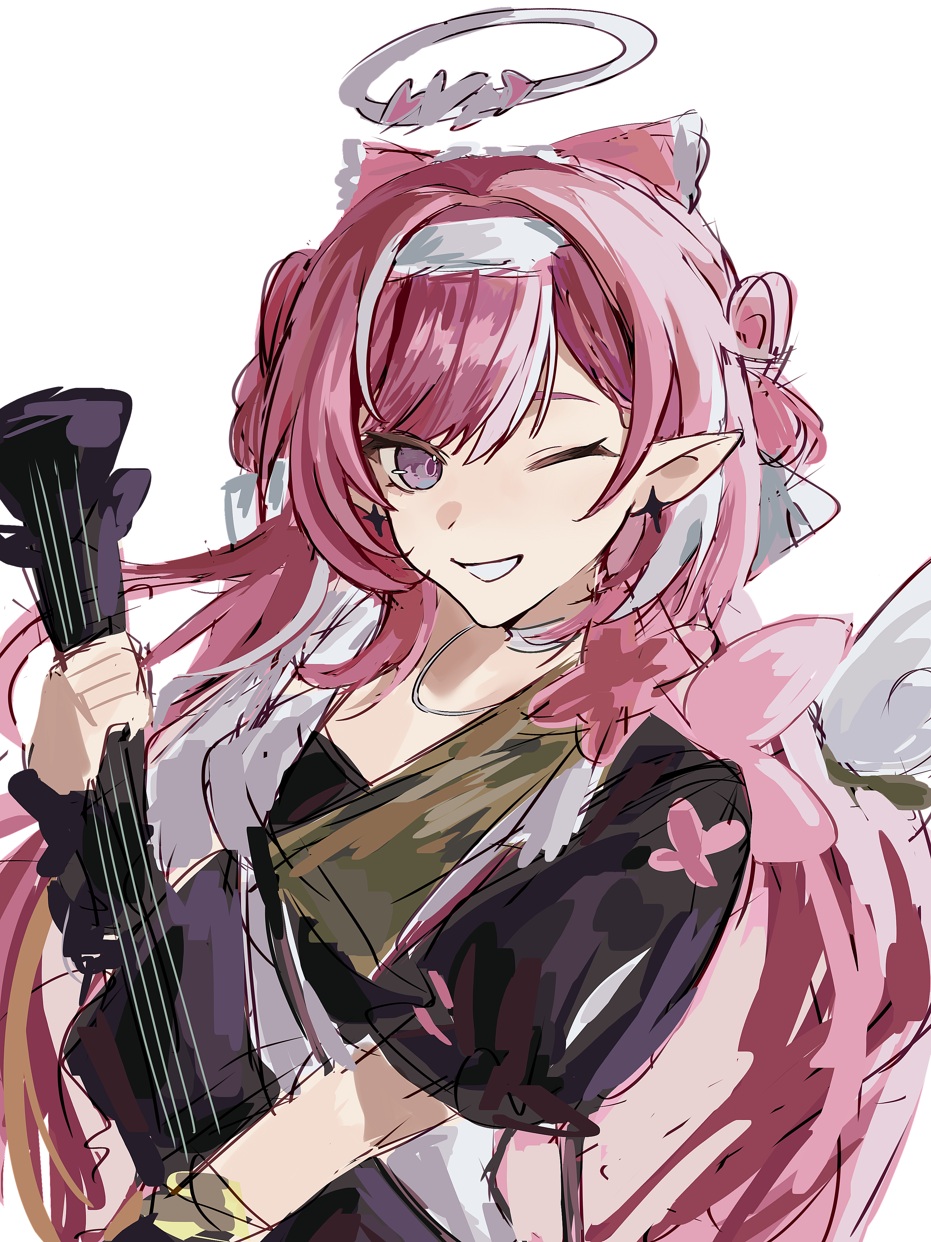 elysia (hi love elf) (honkai impact), elysia (honkai impact), honkai (series), honkai impact 3rd, absurdres, chinese commentary, commentary request, highres, 1girl, ;), angel wings, black dress, breasts, dress, electric guitar, elf, guitar, hairband, halo, holding, holding guitar, holding instrument, instrument, medium breasts, multicolored hair, one eye closed, pink hair, pointy ears, prototype design, purple eyes, qianzao a nong yi dongbudong, simple background, smile, solo, two-tone dress, two-tone hair, white background, white dress, white hair, white hairband, wings