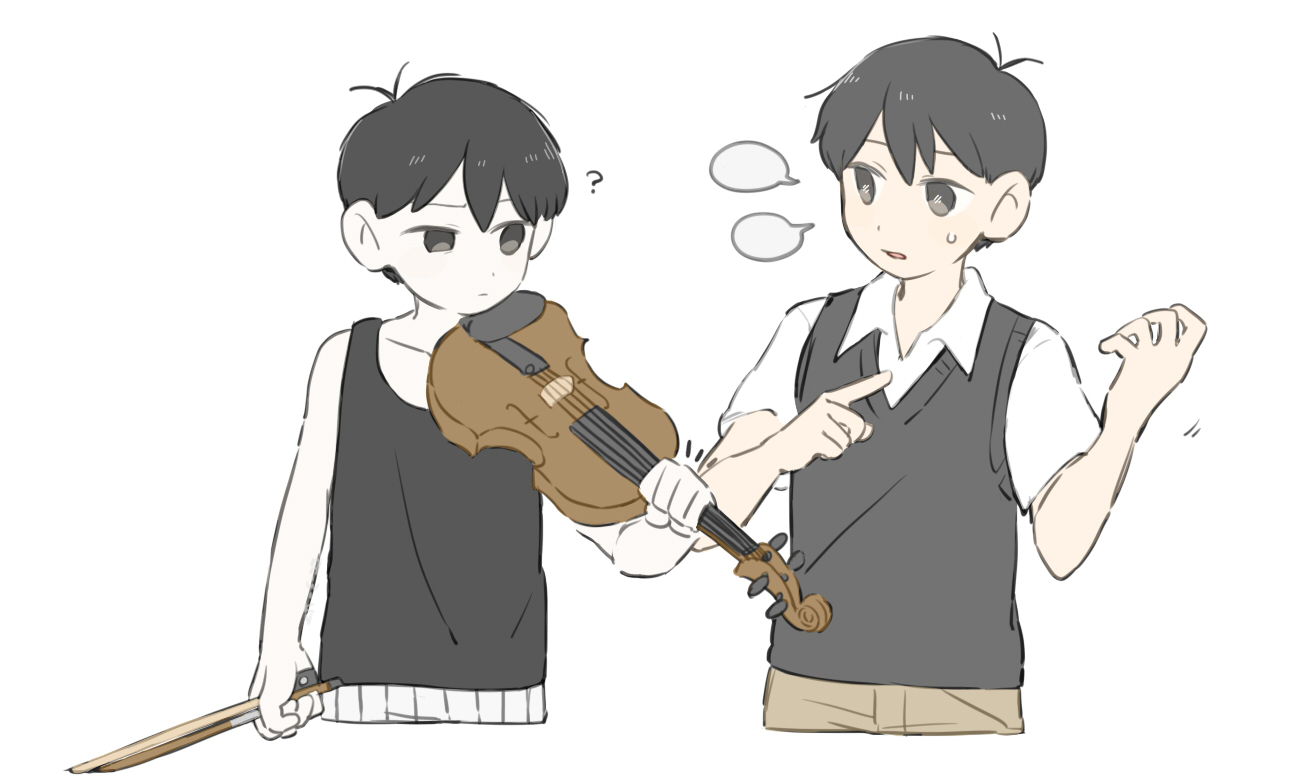 nn w ky, omori (omori), sunny (omori), omori, commentary request, 2boys, ?, antenna hair, bare arms, bare shoulders, black eyes, black hair, black sweater vest, black tank top, blank speech bubble, bow (music), bright pupils, brown pants, closed mouth, collared shirt, colored skin, cropped legs, double-parted bangs, dual persona, frown, hair behind ear, hair between eyes, holding, holding bow (music), holding instrument, holding violin, index finger raised, instrument, male focus, multiple boys, no pupils, open mouth, pants, shirt, short hair, short sleeves, simple background, speech bubble, standing, sweatdrop, sweater vest, tank top, uneven eyes, very short hair, violin, white background, white pupils, white shirt, white skin