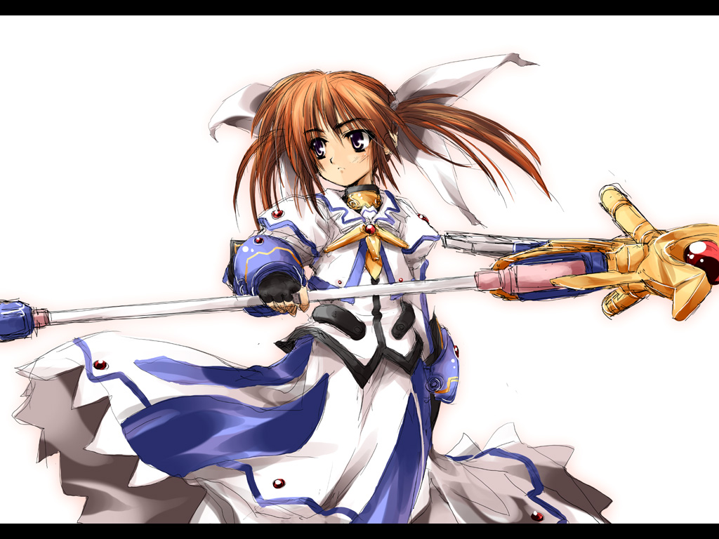 delusion overdose, matsuno canel, raising heart, raising heart (device mode) (1st), takamachi nanoha, takamachi nanoha (movie 1st mode), lyrical nanoha, mahou shoujo lyrical nanoha, mahou shoujo lyrical nanoha movie, mahou shoujo lyrical nanoha the movie 1st, 10s, 1girl, blue eyes, brown hair, dress, female focus, fingerless gloves, gloves, letterboxed, long sleeves, looking to the side, magical girl, rod, simple background, solo, staff, twintails, white background, white dress