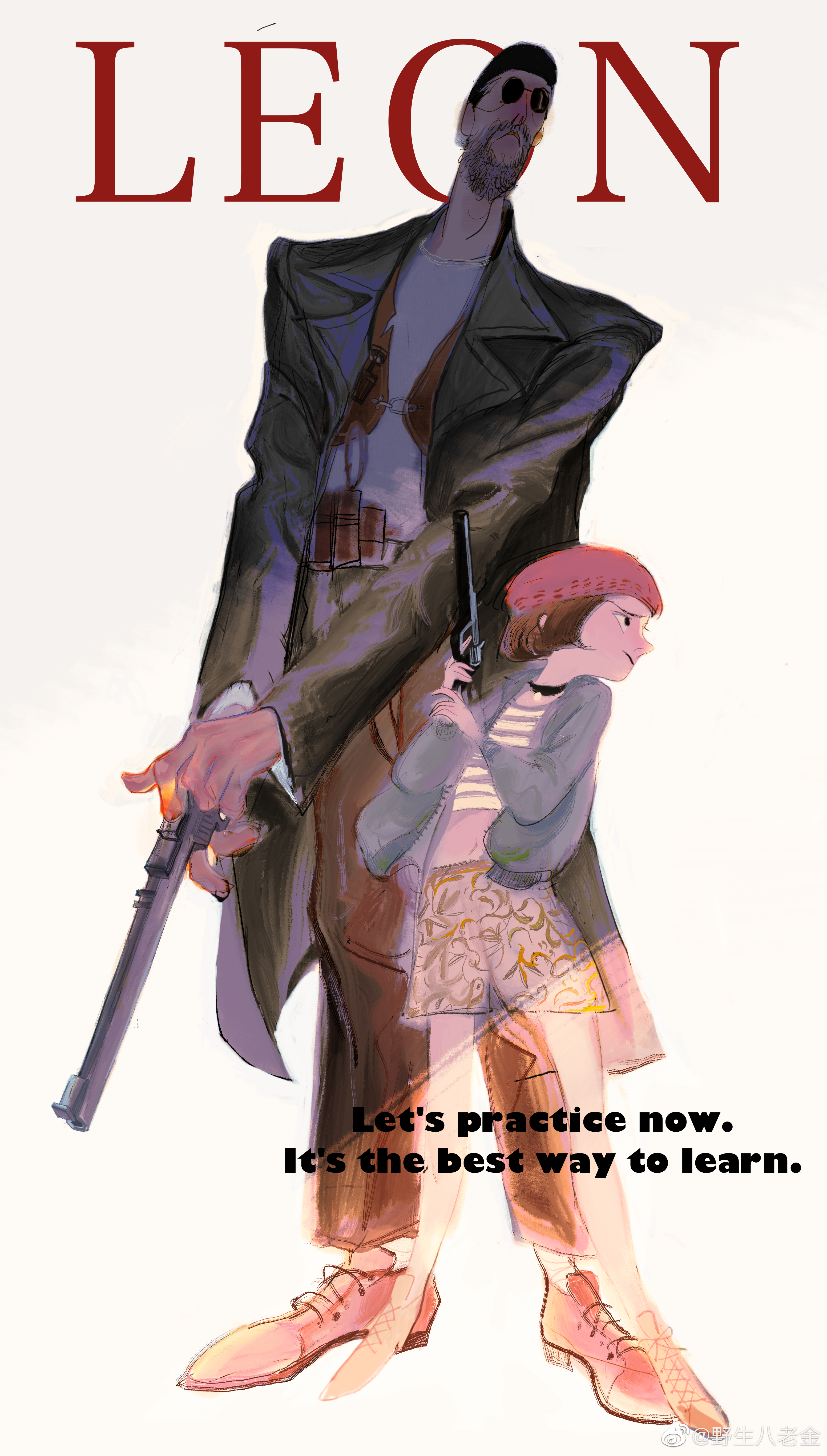 guaili bajin, leon (leon the professional), mathilda lando, leon the professional, absurdres, highres, 1boy, 1girl, beard, brown hair, character name, closed mouth, english text, facial hair, full body, grey jacket, gun, handgun, hat, holster, jacket, long sleeves, midriff, pink hat, round eyewear, shirt, short hair, size difference, striped clothes, striped shirt, suppressor, tinted eyewear, weapon
