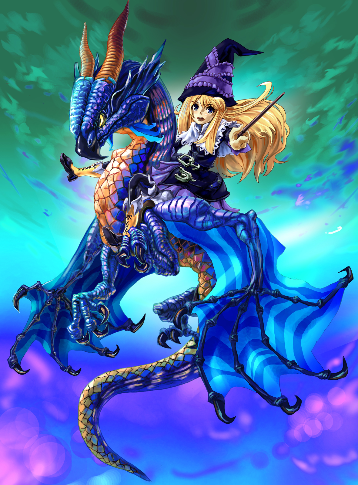 matsumoto eight, lillet blan, grimgrimoire, nippon ichi, highres, 1girl, blonde hair, dragon, female focus, hat, long hair, monster, solo, wand, witch hat, wizard hat