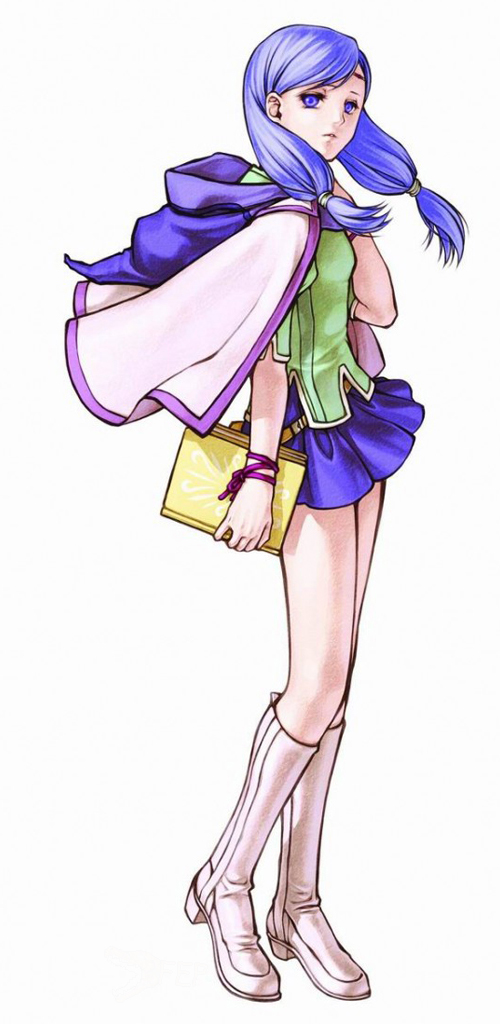 kita senri, ilyana (fire emblem), fire emblem, fire emblem: path of radiance, fire emblem: radiant dawn, nintendo, official art, 1girl, blue hair, book, cape, female focus, long hair, low-tied long hair, miniskirt, purple hair, simple background, skirt, solo, white background