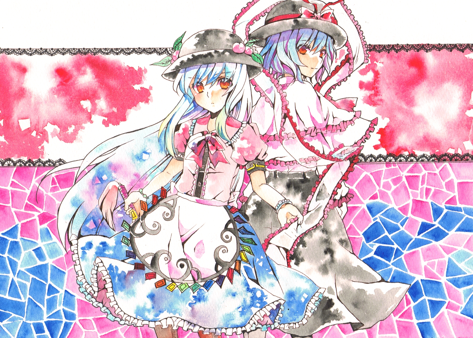 n-mix, hinanawi tenshi, nagae iku, touhou, highres, 2girls, blue hair, female focus, food, fruit, hat, long hair, multiple girls, peach, ribbon, short hair, sword, sword of hisou, tassel, weapon