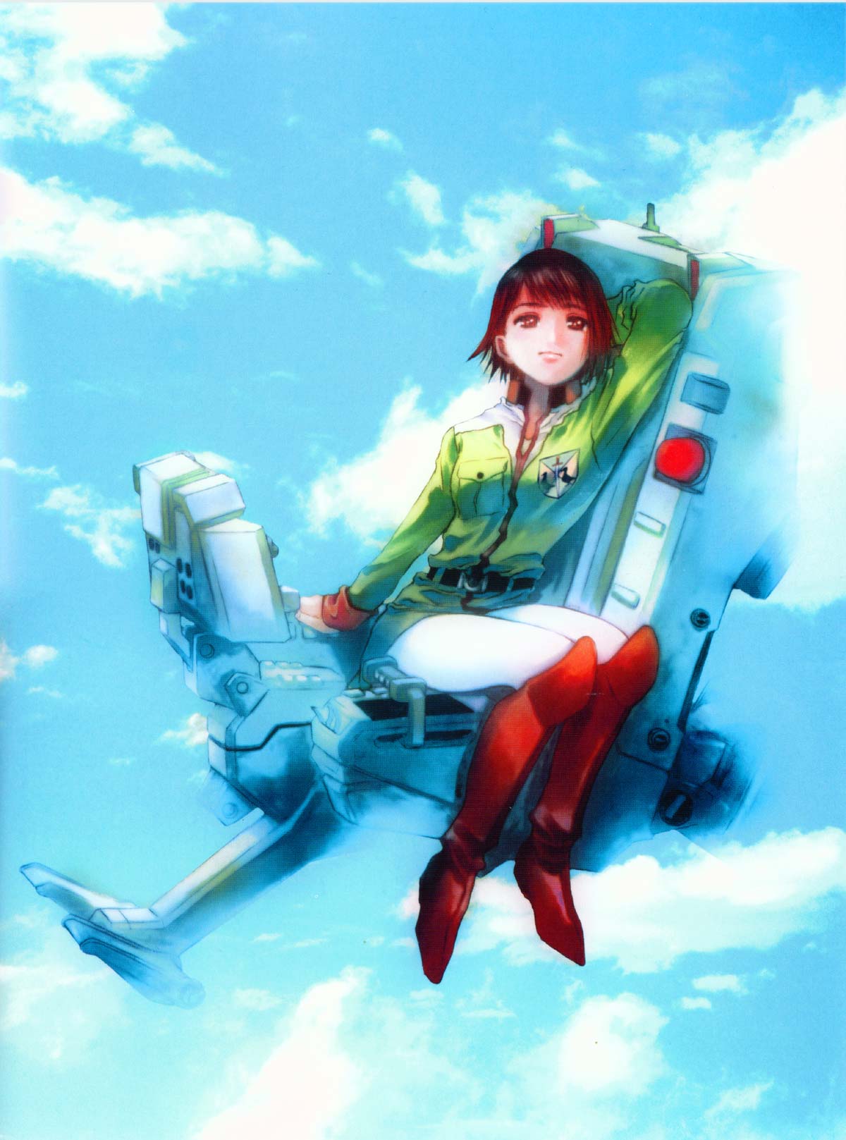 mikimoto haruhiko, asuna elmarit, ecole du ciel, gundam, highres, 1girl, boots, cloud, day, female focus, military, military uniform, pantyhose, red boots, short hair, sky, solo