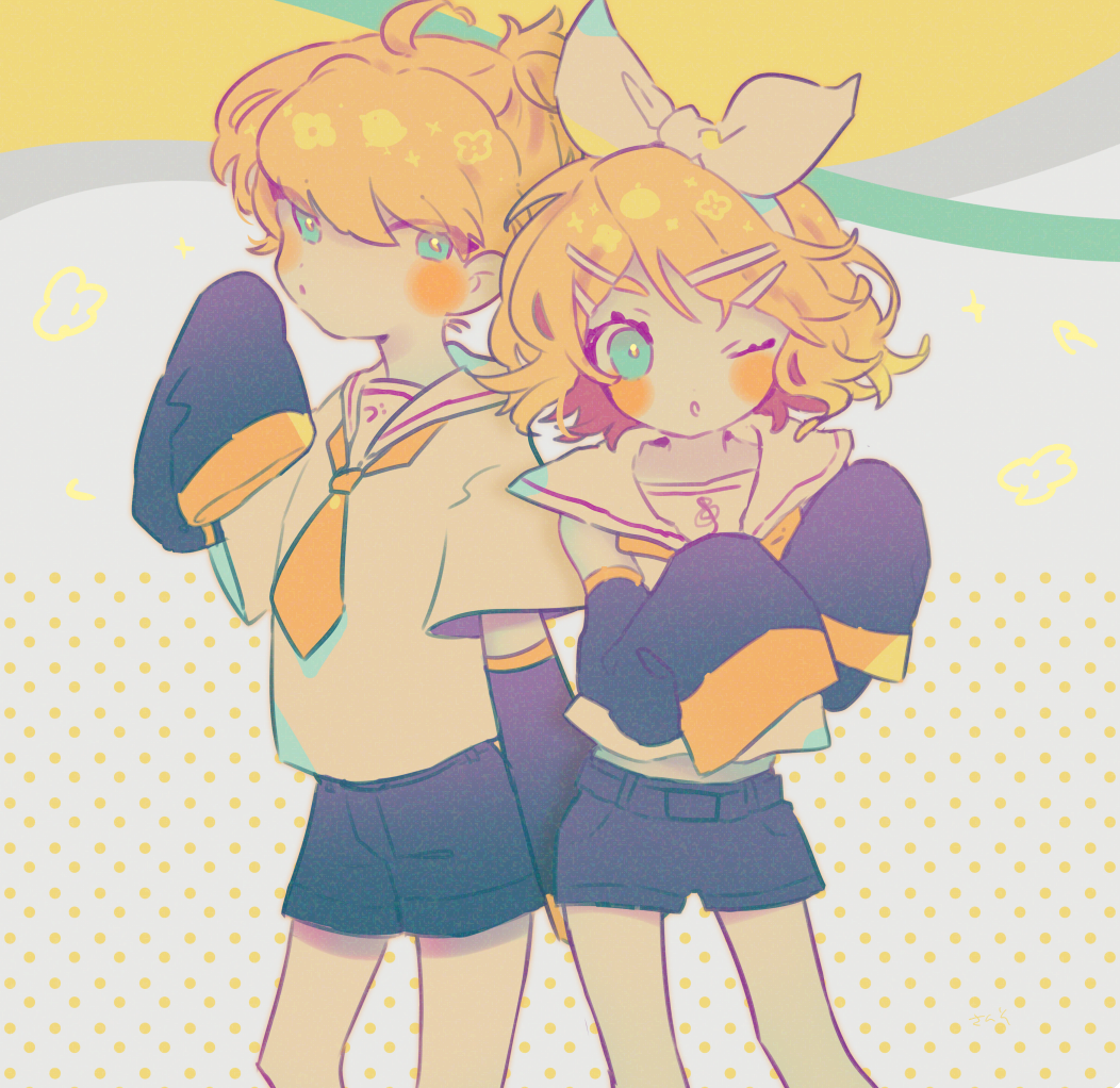 mawarusanso, kagamine len, kagamine rin, vocaloid, commentary request, 1boy, 1girl, ahoge, black shorts, blonde hair, blue eyes, bright pupils, brother and sister, hair ornament, hairband, hairclip, one eye closed, parted lips, ponytail, sailor collar, short hair, shorts, siblings, sleeves past fingers, sleeves past wrists, treble clef, white hairband, white pupils