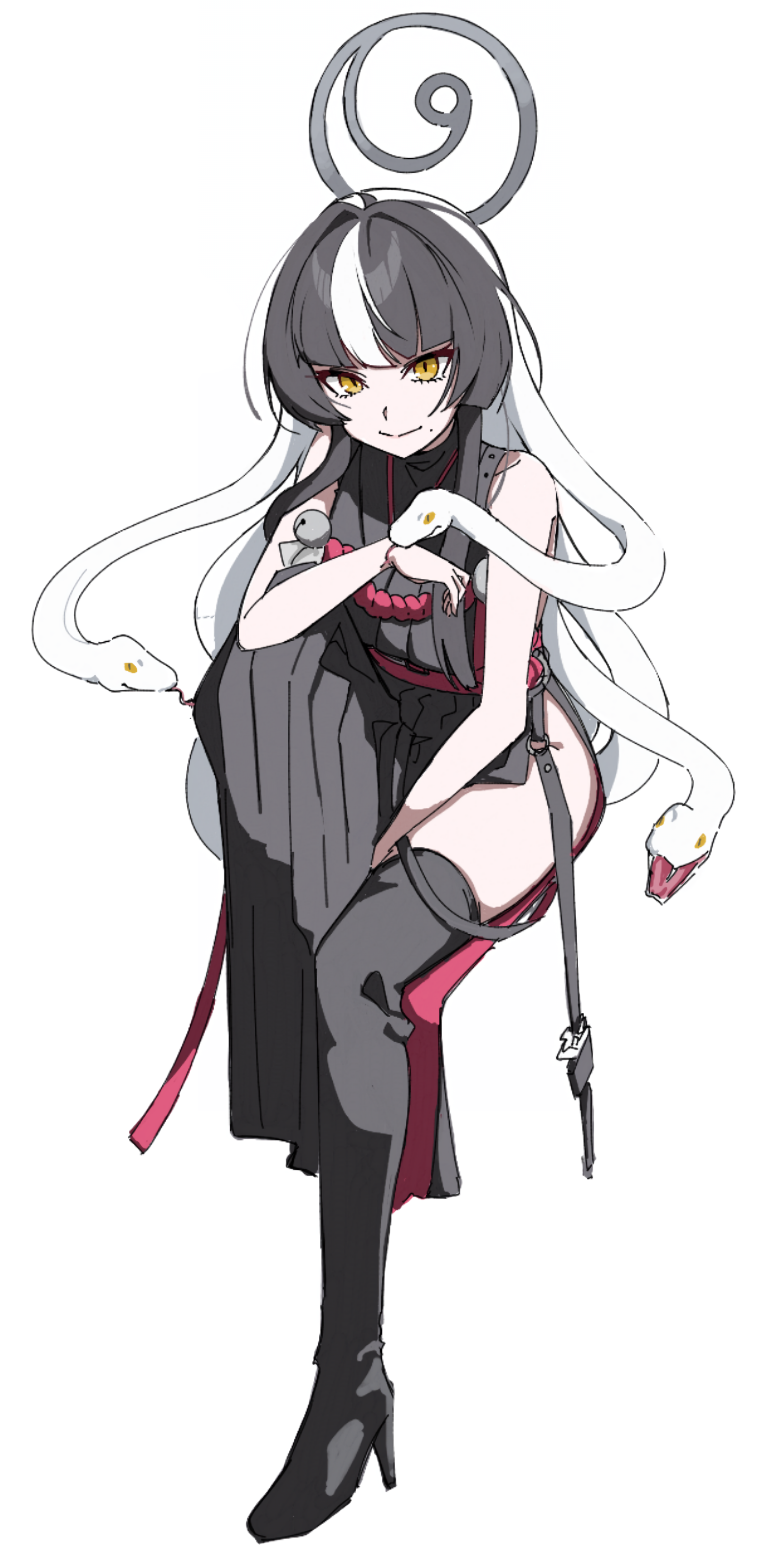 kyurosuku, azami (blue archive), blue archive, absurdres, highres, 1girl, black hair, blunt bangs, boots, closed mouth, full body, halo, high heel boots, high heels, invisible chair, japanese clothes, kimono, looking at viewer, mole, mole under mouth, multicolored hair, side slit, simple background, sitting, sleeveless, sleeveless kimono, slit pupils, smile, snake hair, solo, thigh boots, two-tone hair, white background, white streaks, yellow eyes