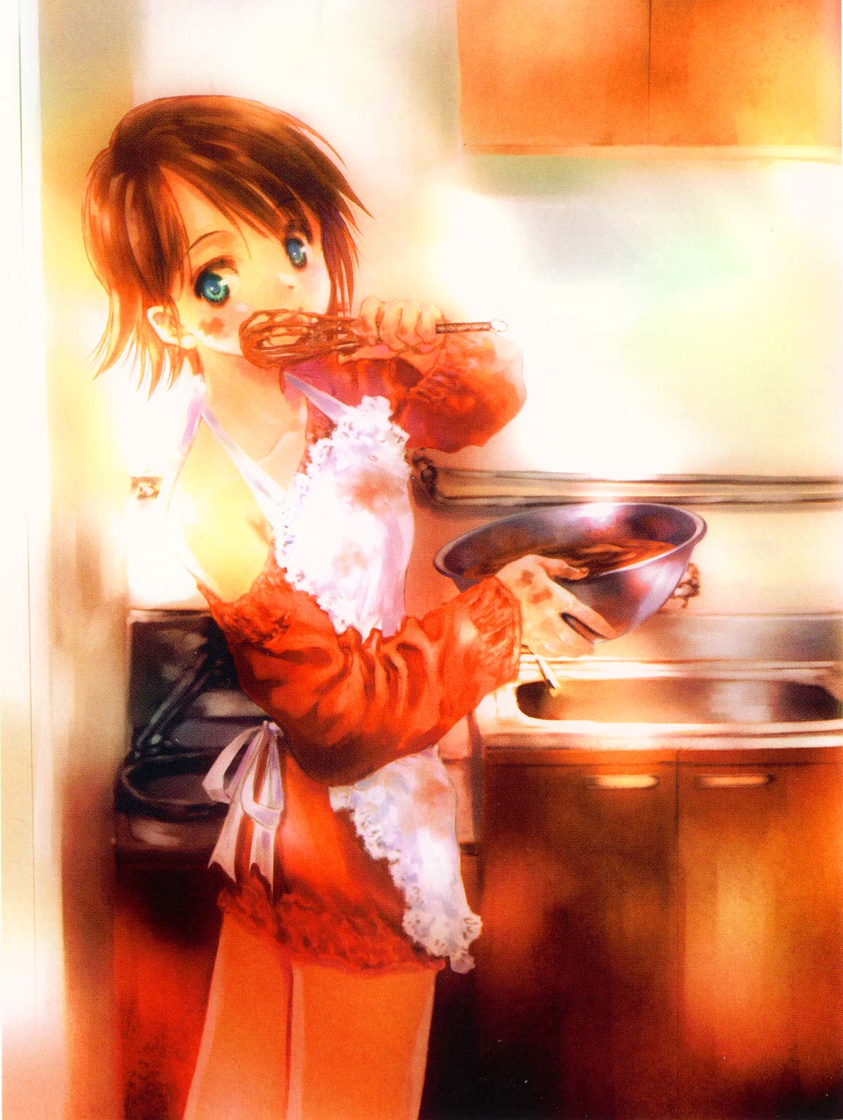 mikimoto haruhiko, asuna elmarit, ecole du ciel, gundam, highres, apron, cooking, short hair, solo