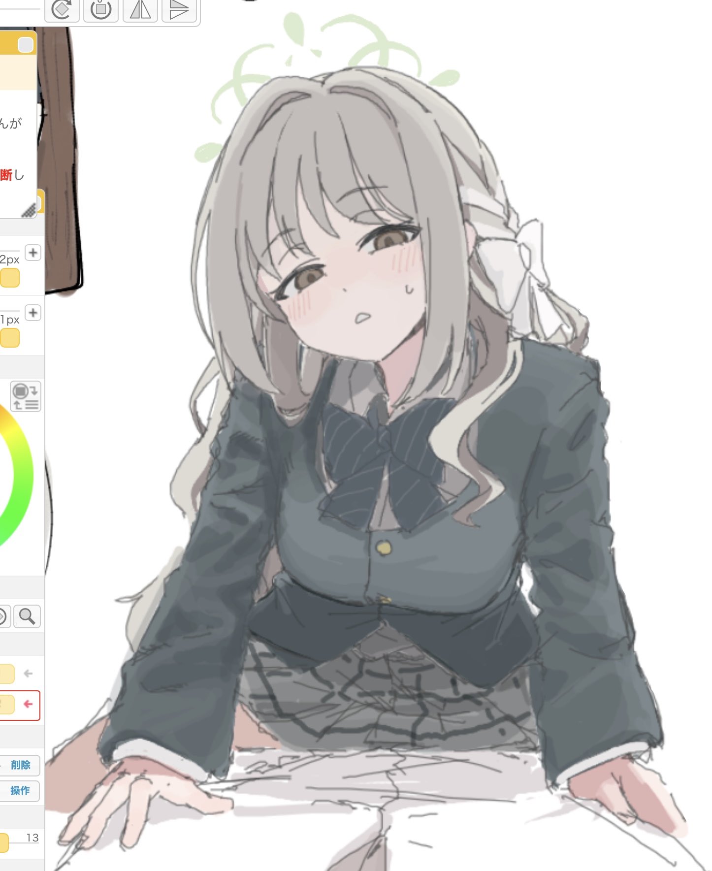 miyo (blue archive), blue archive, highres, 1boy, 1girl, blush, bow, bowtie, breasts, brown eyes, fujini 222, girl on top, grey hair, grey skirt, halo, jacket, long hair, long sleeves, looking at viewer, parted lips, pleated skirt, pov, school uniform, shirt, simple background, skirt, striped bow, striped bowtie, striped clothes, white background, white shirt