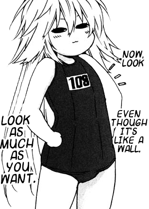 kusano, sekirei, lowres, non-web source, translated, 00s, 1girl, :3, female focus, flat chest, greyscale, monochrome, one-piece swimsuit, school swimsuit, solo, swimsuit