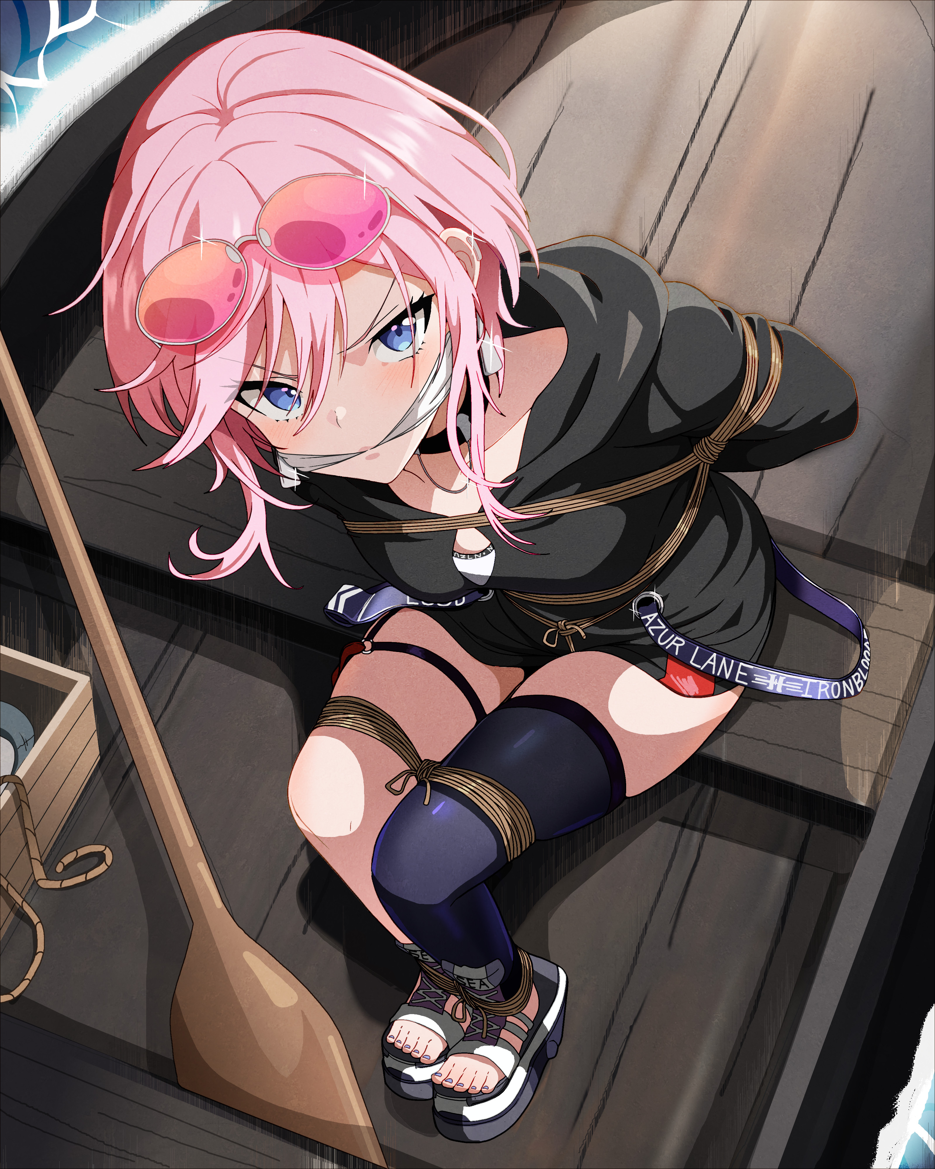 tiedtiki, seydlitz (an officer's streetwear) (azur lane), seydlitz (azur lane), azur lane, boxtie, absurdres, highres, 1girl, arms behind back, bdsm, black choker, black thighhighs, blue eyes, boat, bondage, bound, bound arms, bound legs, breasts, choker, cleave gag, cloth gag, collarbone, eyewear on head, gag, gagged, glasses, improvised gag, looking at viewer, ocean, pink hair, sandals, shibari, shibari over clothes, single thighhigh, sitting, skindentation, small breasts, solo, thighhighs, watercraft