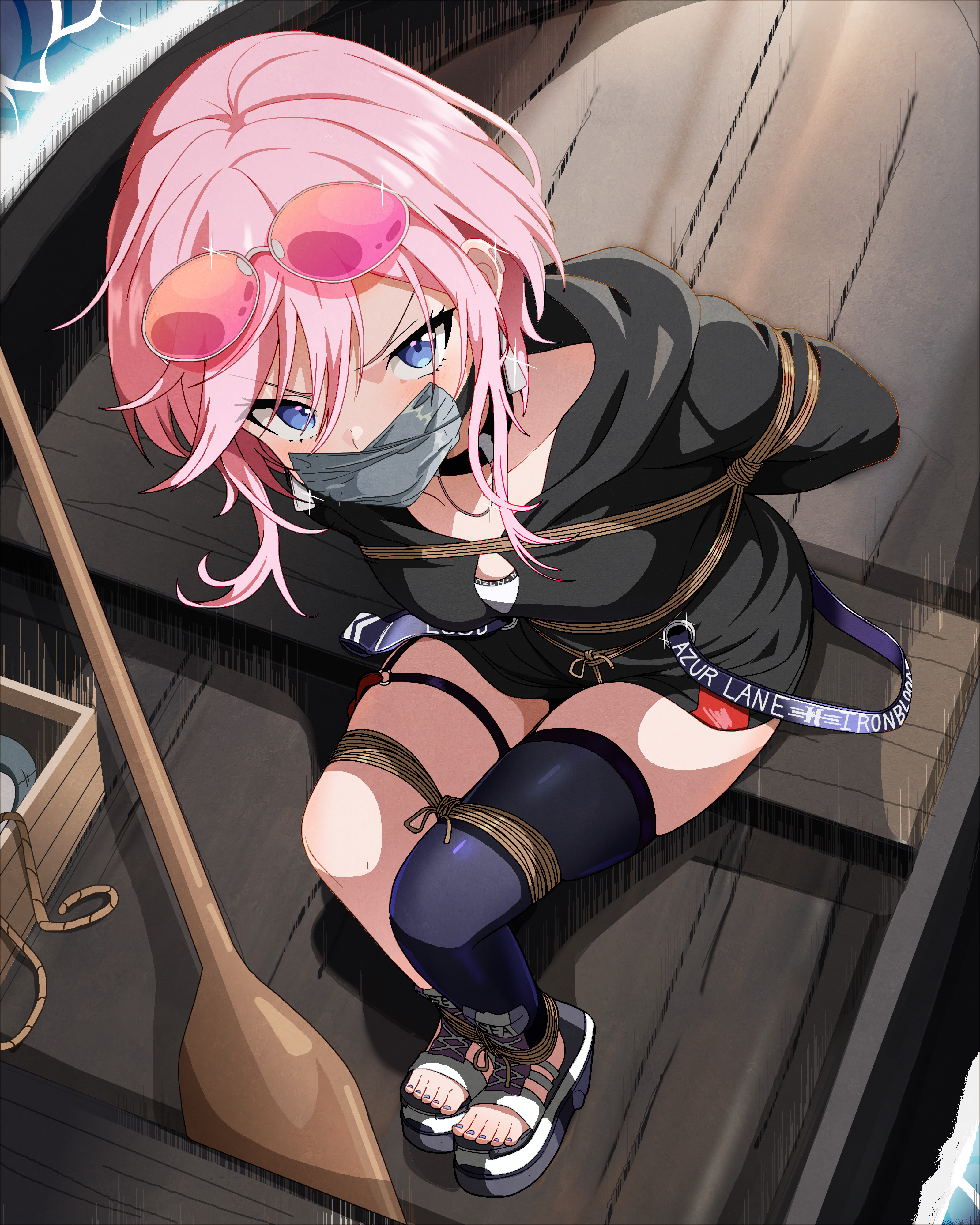 tiedtiki, seydlitz (an officer's streetwear) (azur lane), seydlitz (azur lane), azur lane, boxtie, absurdres, highres, 1girl, arms behind back, ball gag, bdsm, black choker, black thighhighs, blue eyes, boat, bondage, bound, bound arms, bound legs, breasts, choker, collarbone, eyewear on head, gag, gagged, glasses, improvised gag, looking at viewer, ocean, pink hair, sandals, shibari, shibari over clothes, single thighhigh, sitting, skindentation, small breasts, solo, tape, tape gag, thighhighs, watercraft
