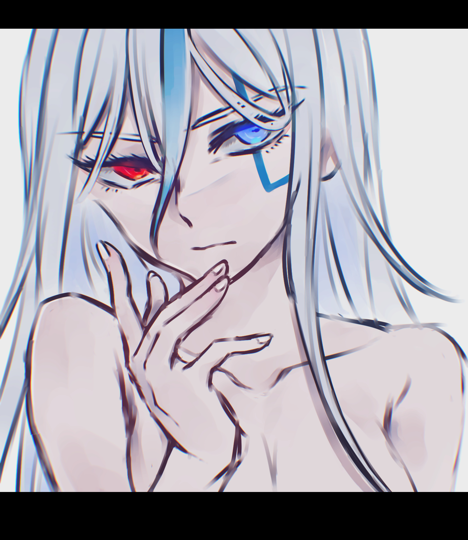 201 (yield), v'ehxness, the hundred line -last defense academy-, highres, black border, blue eyes, blue hair, blue streaks, border, collarbone, expressionless, facial mark, glowing, glowing eyes, hand on own chin, heterochromia, long hair, multicolored hair, nude, red eyes, white background, white hair