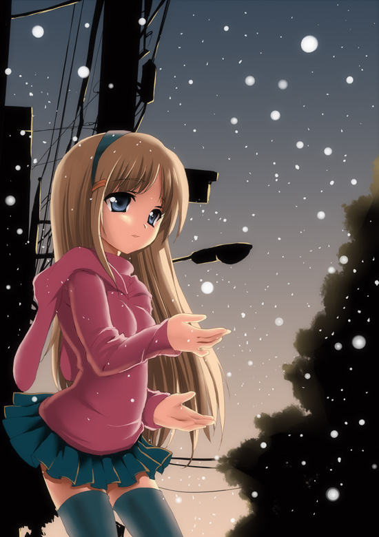 pikazo, original, 1girl, blue eyes, brown hair, female focus, hair ornament, hairband, hairclip, lamppost, long hair, skirt, snow, snowing, solo, thighhighs, zettai ryouiki