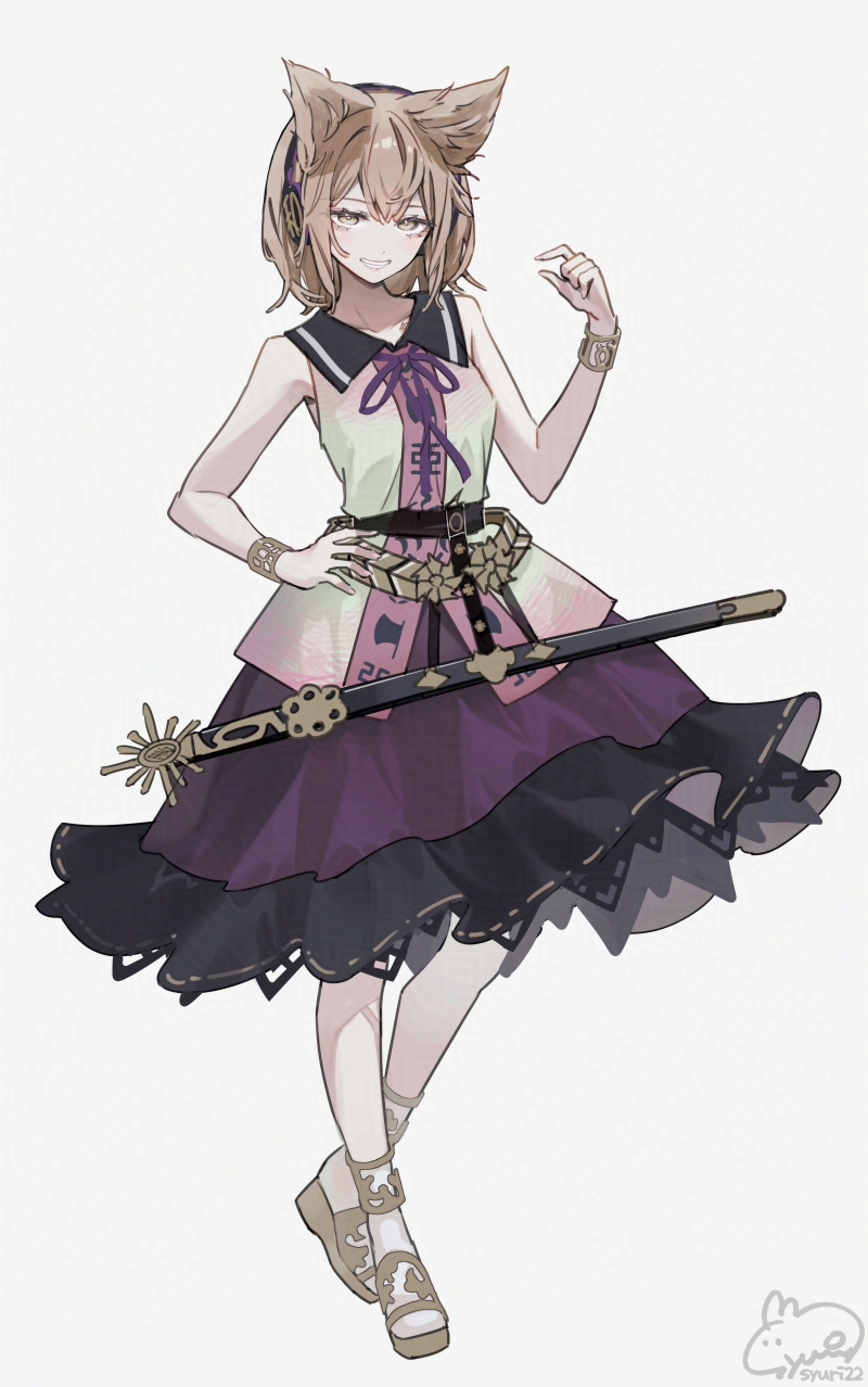 syuri22, toyosatomimi no miko, touhou, highres, 1girl, belt, black belt, bracelet, brown hair, double-parted bangs, earmuffs, full body, grin, hand on own hip, jewelry, looking at viewer, medium hair, neck ribbon, pointy hair, purple skirt, ribbon, sandals, scabbard, sheath, shirt, signature, skirt, sleeveless, sleeveless shirt, smile, solo, standing, sword, weapon, white background, yellow sandals, yellow shirt