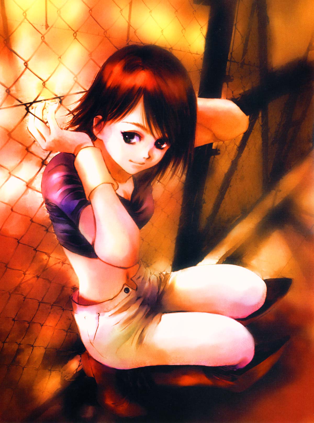mikimoto haruhiko, asuna elmarit, ecole du ciel, gundam, looking away, highres, 1girl, arms up, between fingers, boots, breasts, chain-link fence, cleavage, closed mouth, collarbone, crop top, female focus, fence, from above, full body, high heel boots, high heels, holding, looking to the side, navel, red boots, red hair, shadow, short hair, short sleeves, shorts, smile, solo, squatting, stomach, swept bangs, swimsuit, tiles, unbuttoned, v-neck, wristband