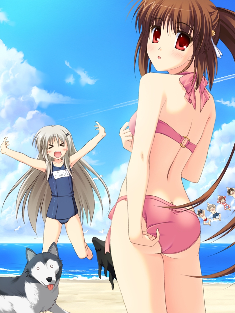 hinata nao, inohara masato, miyazawa kengo, naoe riki, natsume kyousuke, natsume rin, noumi kudryavka, strelka (little busters!), little busters!, non-web source, > <, 2girls, :d, adjusting clothes, adjusting swimsuit, ass, barefoot, beach, bikini, blonde hair, brown hair, closed eyes, cloud, day, dog, jumping, long hair, looking back, multiple girls, name tag, one-piece swimsuit, open mouth, outdoors, outstretched arms, pink bikini, ponytail, red eyes, school swimsuit, sky, smile, spread arms, swimsuit, wolf