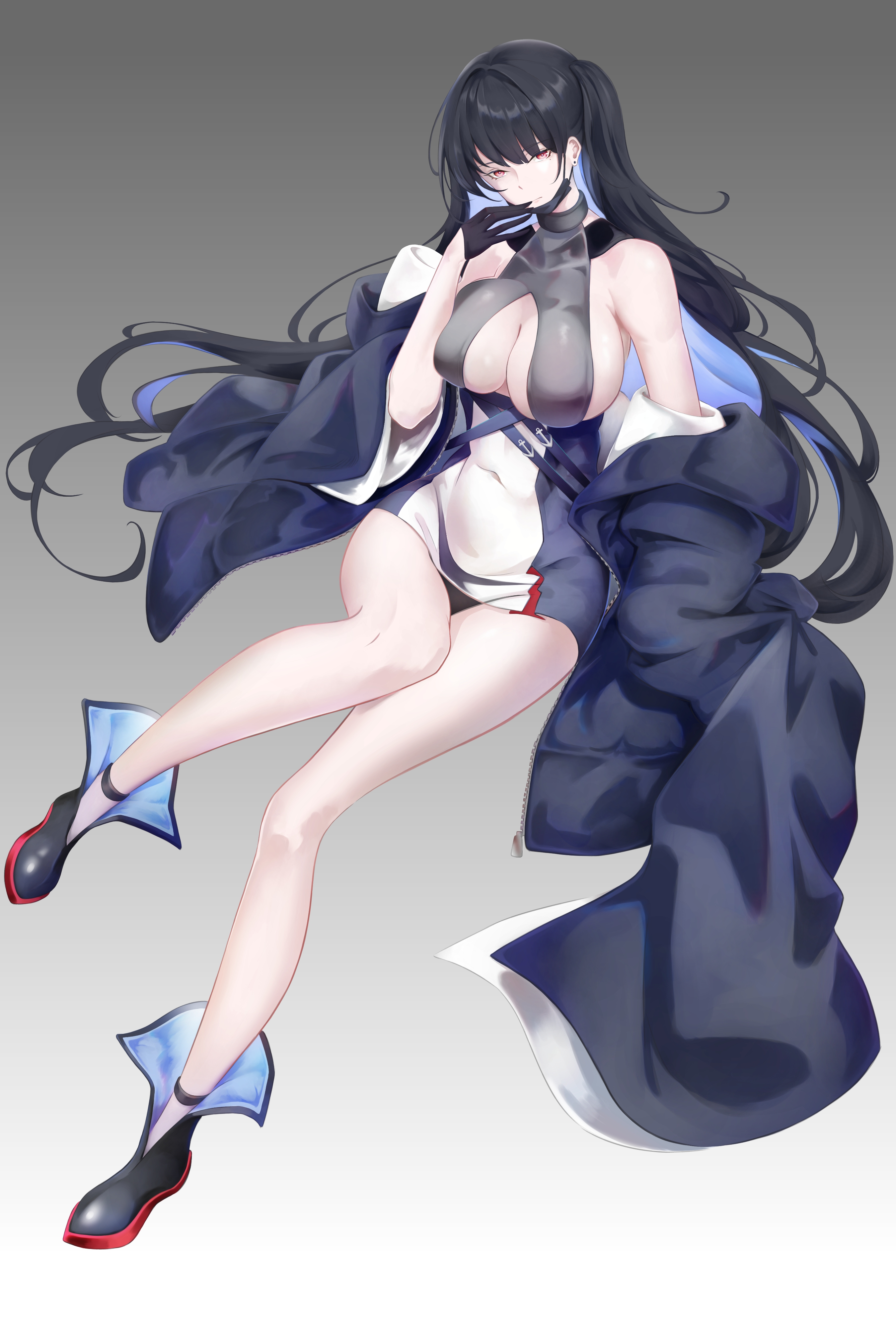 dddtriple, west virginia (azur lane), azur lane, absurdres, highres, 1girl, ankle boots, black boots, black coat, black gloves, black hair, boots, breasts, center opening, cleavage, coat, colored inner hair, full body, gloves, grey background, half gloves, large breasts, long hair, looking at viewer, mask, mouth mask, multicolored hair, navel, open clothes, open coat, red eyes, simple background, solo, two-tone hair, very long hair