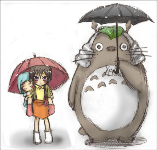 charles zi britannia, lelouch vi britannia, nunnally vi britannia, totoro, code geass, tonari no totoro, 1boy, 1girl, carrying, creature, full body, holding, parody, piggyback, simple background, standing, suspenders, umbrella, whiskers, white background