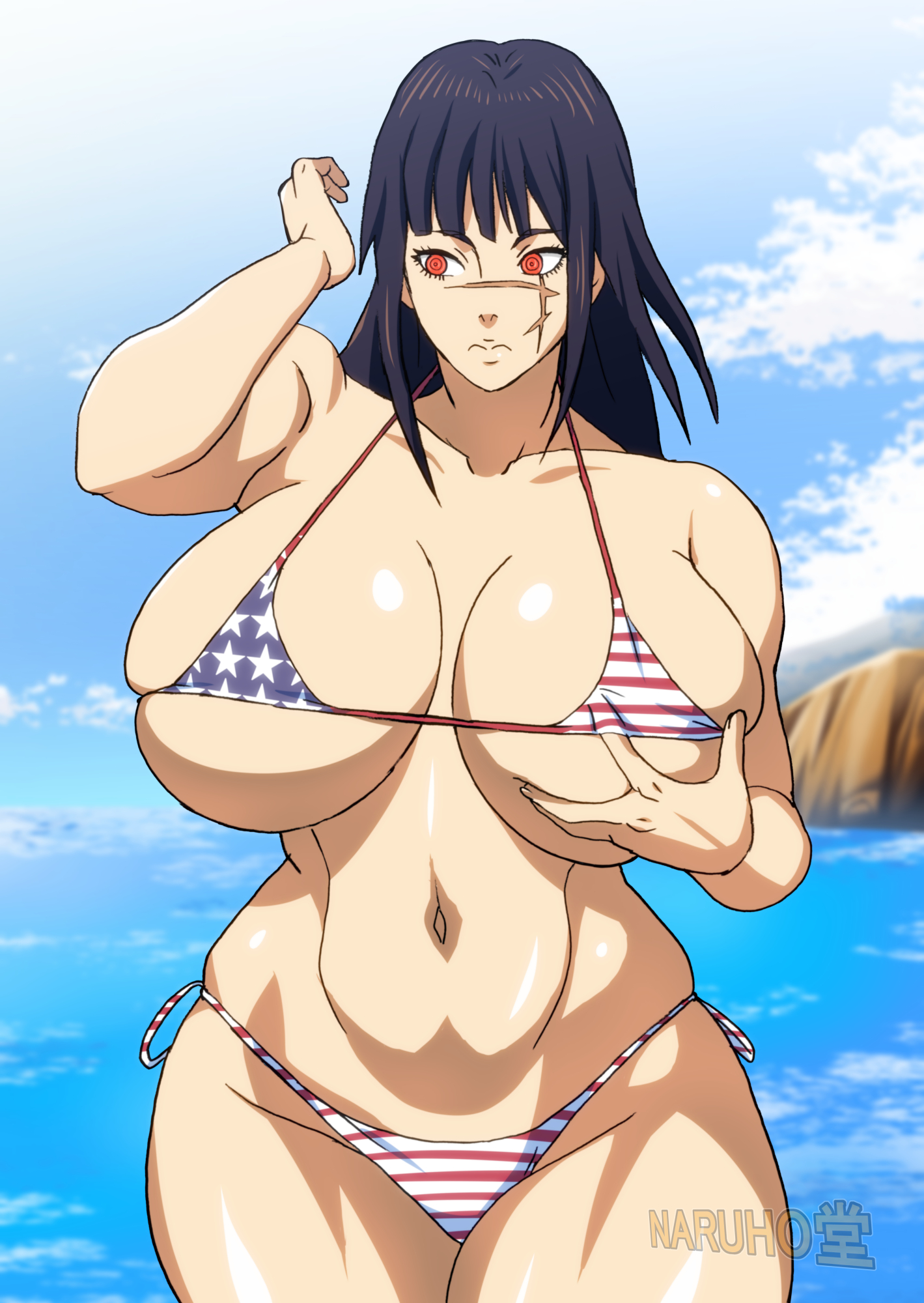 yoru (chainsaw man), chainsaw man, 1girl, american flag bikini, american flag print, bikini, breasts, flag print, flag print bikini, huge breasts, print bikini, swimsuit
